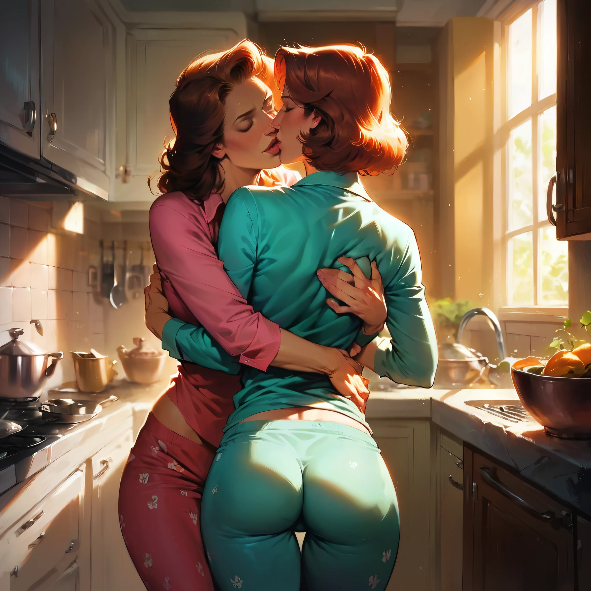 score_9, score_8_up, score_7_up, score_6_up, score_5_up, (high quality, detailed, beautiful), detailed soft lighting, rating_explicit, 2girls, Kim Possible with her mom, imminent kiss, look of love in their eyes, open eyes, in the kitchen, wearing cute pajamas.