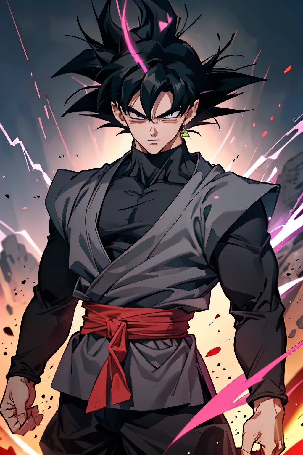 (8k, RAW photo, best quality, masterpiece), ultra high resolution, Alone, Male, perfect face, perfect hands, masterpiece, cold colors, dark theme                                 Goku Black, a character from "Dragon Ball Super,"

1. **Appearance**: Goku Black closely resembles Goku but with a more sinister expression. His facial features are identical to Goku's, but his eyes often have a menacing gleam.

2. **Hair and Eyes**: He has the same spiky black hair as Goku, but when he transforms into Super Saiyan Rosé, his hair turns pink. His eyes are usually black but turn a darker, almost purplish shade when he is in his Super Saiyan Rosé form.

3. **Clothing**: Goku Black wears a black gi with a grey undershirt and a red sash tied around his waist. This outfit is different from Goku's traditional orange gi, highlighting his darker nature.

4. **Earring**: He wears a single green Potara earring on his left ear, which is used for fusion.

5. **Aura**: In his base form, Goku Black's aura is a dark, reddish-purple. When he transforms into Super Saiyan Rosé, his aura becomes a vibrant, fiery pink with sparks of electricity.