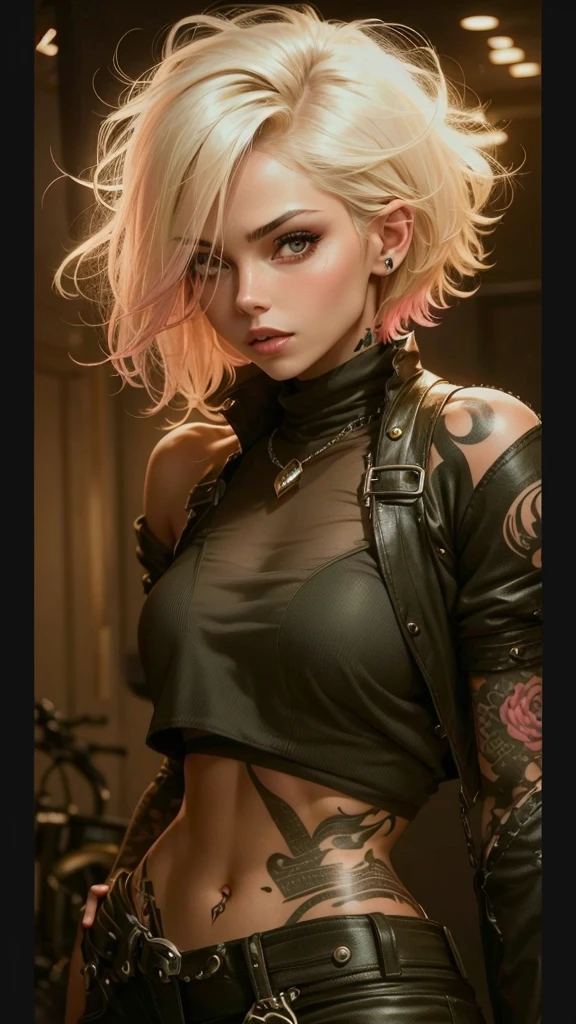 Beautiful girl , sexy slim fit body,  short blonde  hair, beautiful eyes, crop top,   pink rogue lips, big breasts, tattooed body