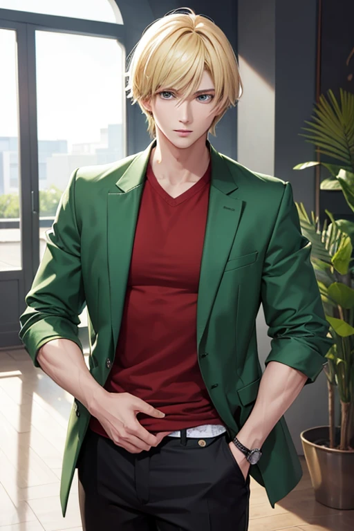Blonde bangs parted in the middle　Handsome　Anime Male　cool　Green Eyes　Normal clothes　Fantasy
