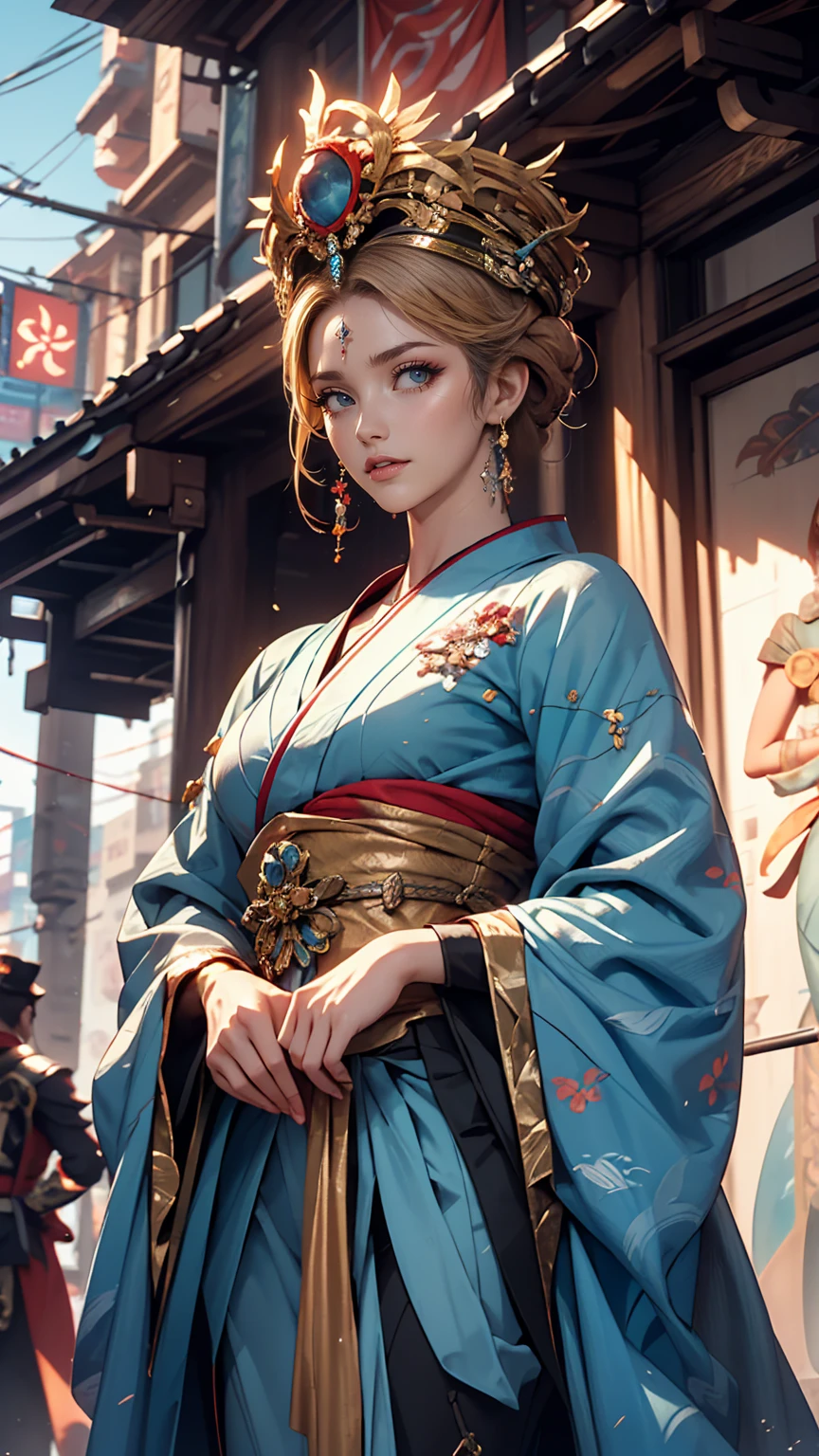 Two women in costumes are standing in a room, Ace Female Mechanic, Static Prometheus Frame, Blue body paint, Cyberpunk decorations, Aztec Empress, Movie details, security guard, Balcony scene, Solarpunk, By Leon Wichowkowski, Sisters, japanese cgi, Empress of Kazakhstan, Character close-up  