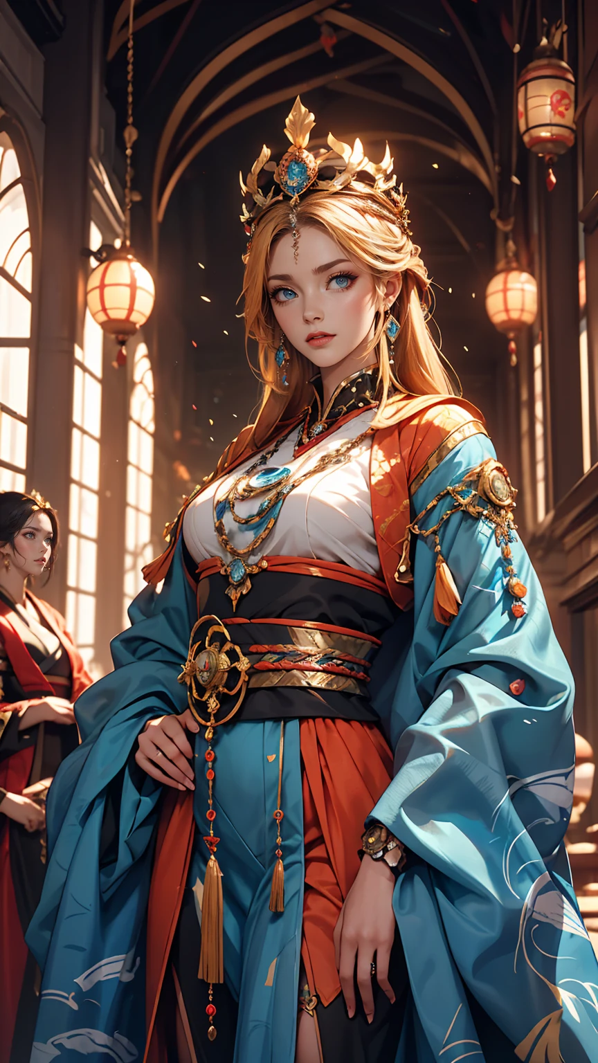 Two women in costumes are standing in a room, Ace Female Mechanic, Static Prometheus Frame, Blue body paint, Cyberpunk decorations, Aztec Empress, Movie details, security guard, Balcony scene, Solarpunk, By Leon Wichowkowski, Sisters, japanese cgi, Empress of Kazakhstan, Character close-up