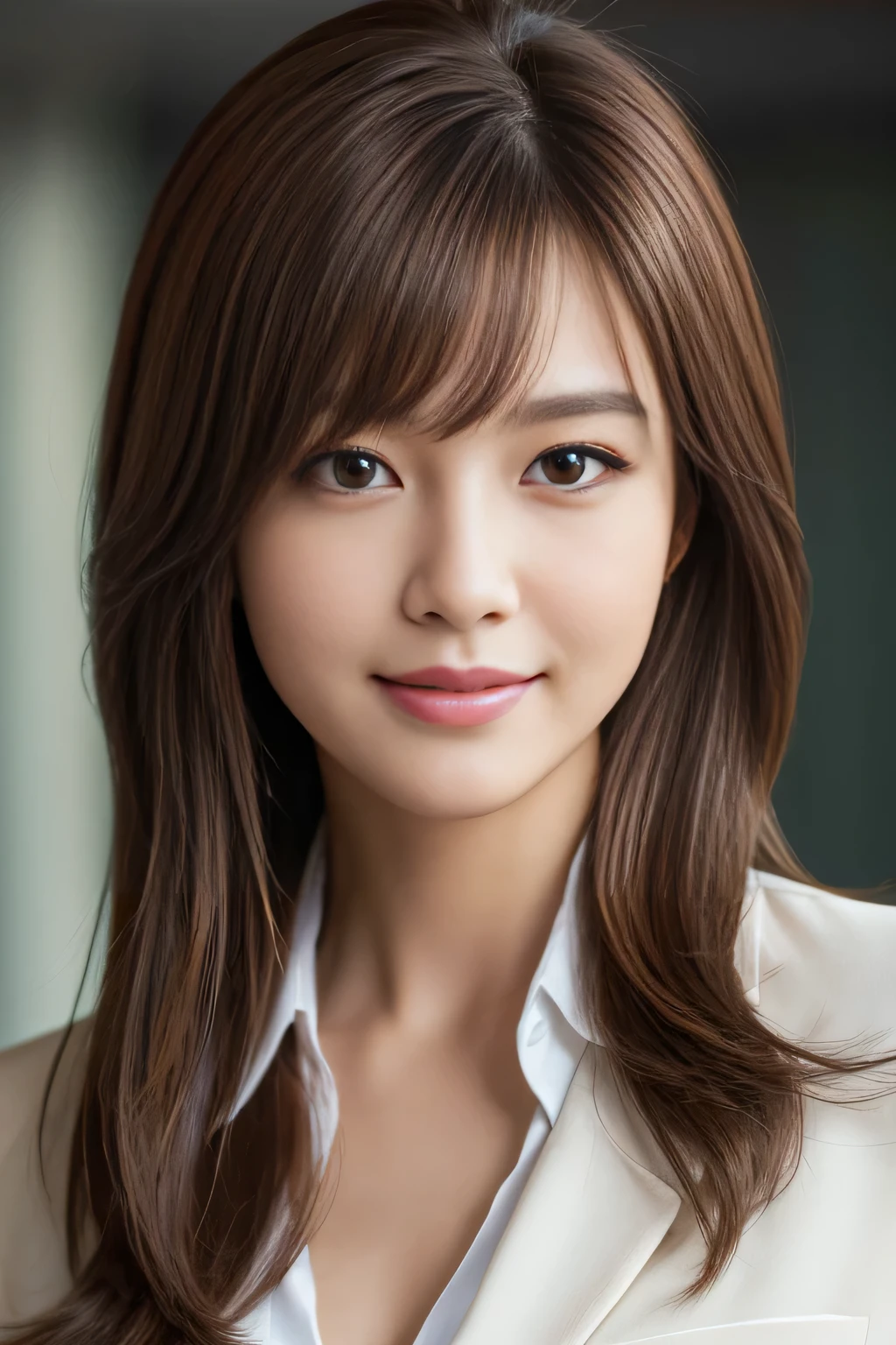 Tabletop, highest quality, Realistic, Very detailed, finely, High resolution, 8k wallpaper, 1. Beautiful Women,, Light brown messy hair, Wearing a business suit, Sharp focus, Perfect dynamic composition, Beautiful and detailed, Thin Hair, Detailed Realistic skin texture, smile, Close-up portrait, Model Body Type
