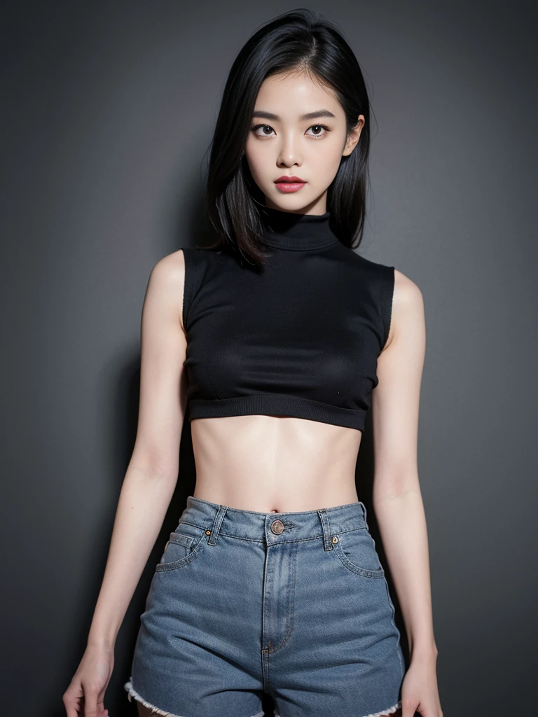 best quality, masterpiece level, intricate details, High-precision graphics, Ultra HD quality, Detailed shadows, Wonderful atmosphere, dark background, shadow effect, local light, a beautiful girl, Solo performance, The face and eyes are exquisite and detailed, Really fit the skin, Black and white contrast scheme, High waist and slim leg lines, With shorts, (Sleeveless T-shirt top, full body demonstration),