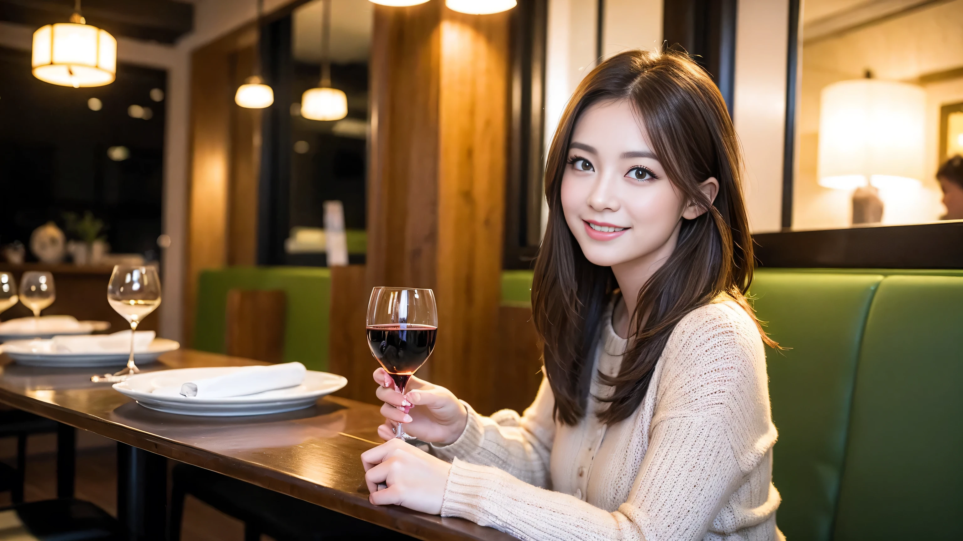 (highest quality、8k、masterpiece:1.3)、Beautiful woman with perfect figure:1.4、Dark brown hair、Wine Party、2 people、Knit dress、Highly detailed face and skin、Detailed eyes、double eyelid、Huge Mile、30th Generation、Sex Appeal、Wine glass on the table、Lighting the face、 Amazing view of the sunset sky and clouds、Amazing mountain views、A bright smile、A lovely woman with a smile、Bright image、The beauty of wine, Beautiful Face, blue eyes, Blushing, short hair,Bright Face、Fox face、 (36 years old), 39 years old, Lady、red wine 、Appetizers、Italian food、Wine bottle、Champagne、sparkling wine、Two beauties、Brown Hair、Shortcuts、Long sleeve shirt、dress、Pretty Woman 1, (Slim face), (The body is slim), (Brown Hair), (Shortcuts), cheeks turn a little red,Attractive beauty、, Out of the window, A beautiful and detailed night view unfolds.........., restaurant, In a prominent place (From the waist up) Nova Frog Style, actress, model, Upper Body, White wine, slim, wine glass, Wine glass placed in the center, smile, (smile: 1.15), Beautiful fine grain, Depth f/2,saturation, High Contrast, Strong light and shadow,Moist Body:1.5、3D texture、Delicate eyes、Brown Hair、The hair is very shiny、