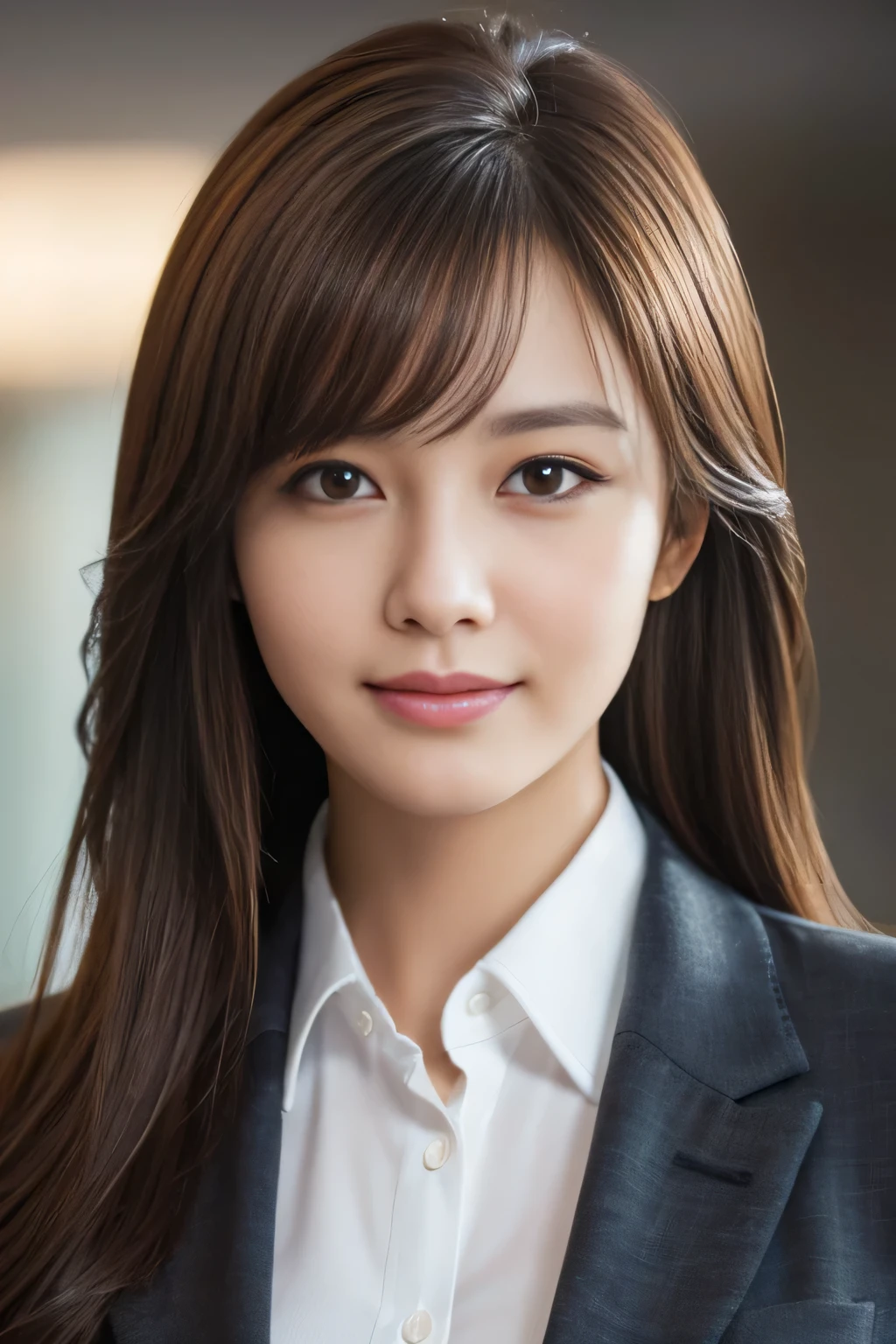 Tabletop, highest quality, Realistic, Very detailed, finely, High resolution, 8k wallpaper, 1. Beautiful Women,, Light brown messy hair, Wearing a business suit, Sharp focus, Perfect dynamic composition, Beautiful and detailed, Thin Hair, Detailed Realistic skin texture, smile, Close-up portrait, Model Body Type