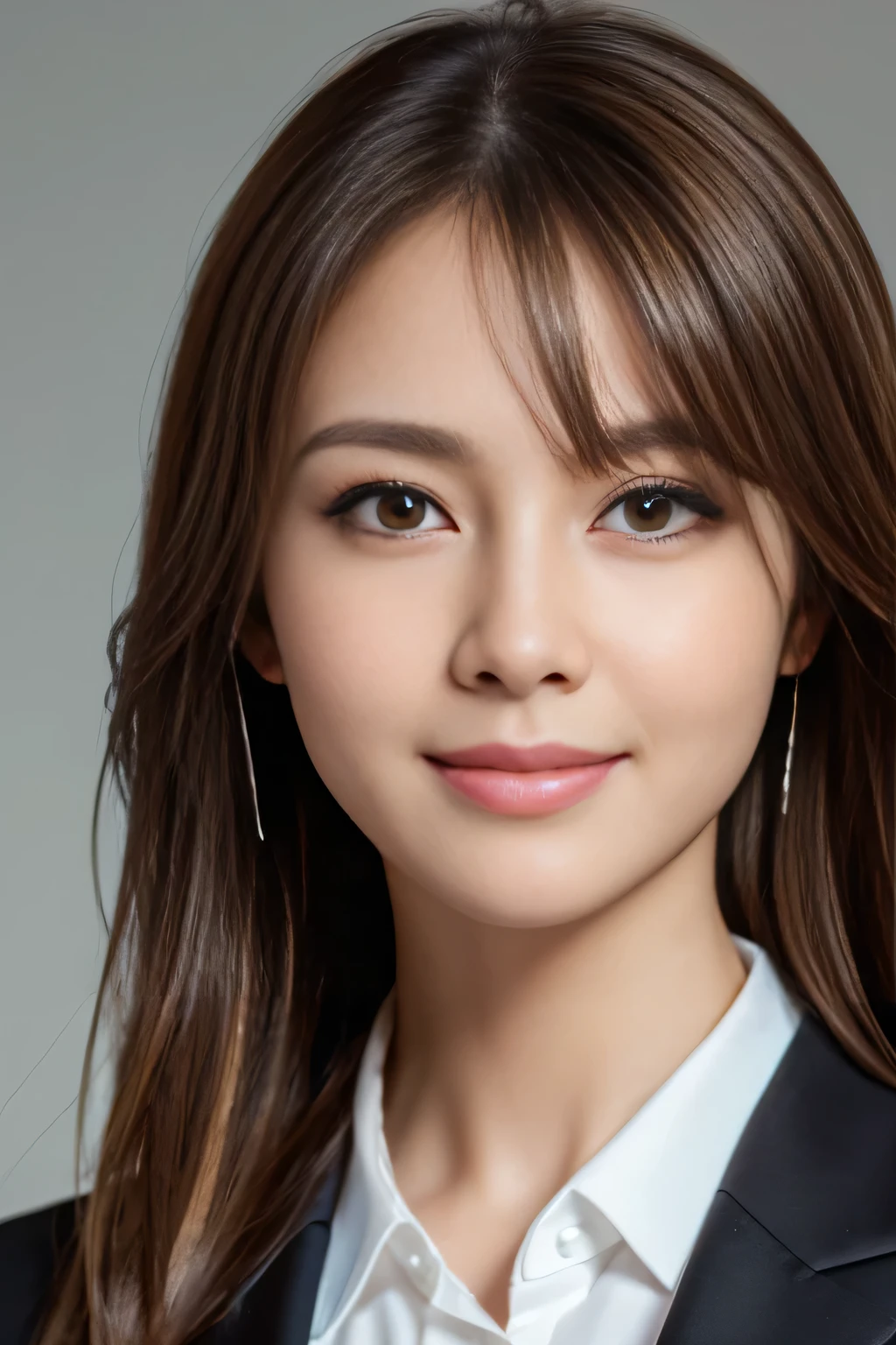 Tabletop, highest quality, Realistic, Very detailed, finely, High resolution, 8k wallpaper, 1. Beautiful Women,, Light brown messy hair, Wearing a business suit, Sharp focus, Perfect dynamic composition, Beautiful and detailed, Thin Hair, Detailed Realistic skin texture, smile, Close-up portrait, Model Body Type