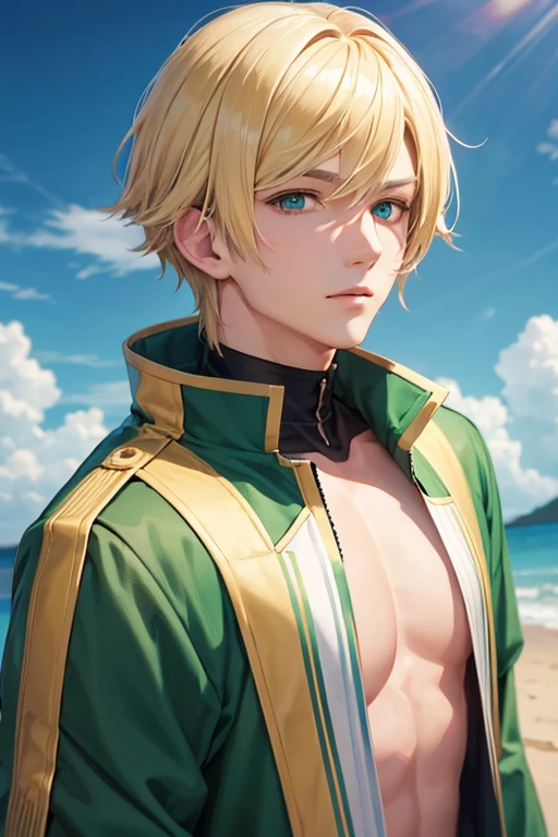 Blonde　Part your bangs in the center　Handsome　Anime Male　cool　Green Eyes　Normal clothes　Fantasy　cool　adult