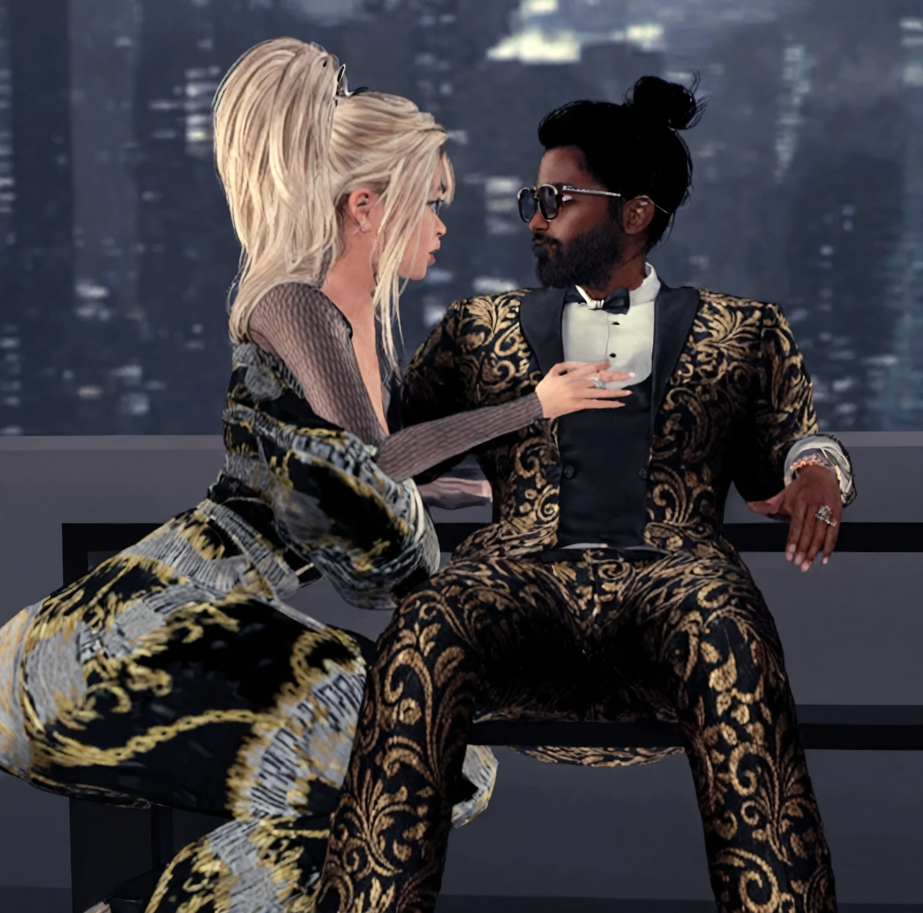 1girl, ring, 1boy, jewelry, blonde_hair, facial_hair, beard, dark_skin, black_hair, dark-skinned_male, ponytail, sunglasses, sitting, bowtie, bow, hetero, formal, looking_at_another, suit, couple, long_hair, 3d, syperbank