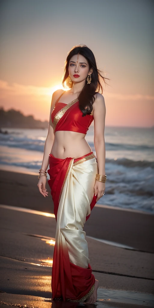 Ultra realistic cinematic soft light and ultra detailed red hour portrait, full body shot, actress rea chakraborty, 1girl in, age19, Solo, Long hair, Colossal , Looking at Viewer, black hair, Bare shoulders, Brown eyes, Full body, off shoulders, saree, Realistic, A sexy, 4K, max quality, small breasts, super sharp image, 8K, beautiful pose, playboy model, photo session, red lips, headshot, masterpiece, sex bomb, kashmiri, detailed body, Egyptian dress, chewing lips, highly detailed, seducing, seductive,face only, perfect lightening, white skin, good bright lightening, beach , dancing
