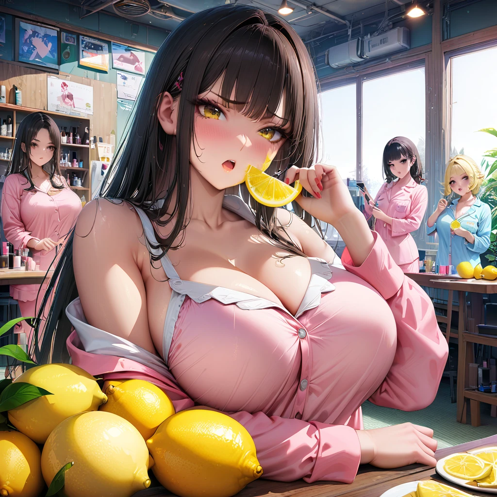 (Ultra-detailed:1.5), highest quality, Perfect Face, Complex, Beautiful views, Ultra-realistic 8K CG,Perfect artwork, (Ultra-high resolution:1.0), 8k, RAW Photos, (masterpiece:1.2), (Big Breasts:1.0), (PurerosFace_v1:0.5), ３People Girls, Girl sticking sliced lemon onto her face, Cosmetics beauty department girls, In pajamas, ((Eat a slice of lemon)), Sour face, Frowning, Open your mouth and scream, 10 tatami mat studio apartment, Colorful furniture,