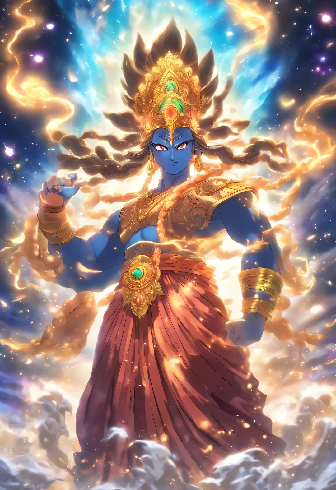 (((PURUSHA))) best quality, ultra-high resolution, 4K detailed CG, masterpiece, The Cosmic God, Hindu clothing, Hindu mythology, ((STANDING POSE)), Hindu painting style, aesthetic, centered on screen