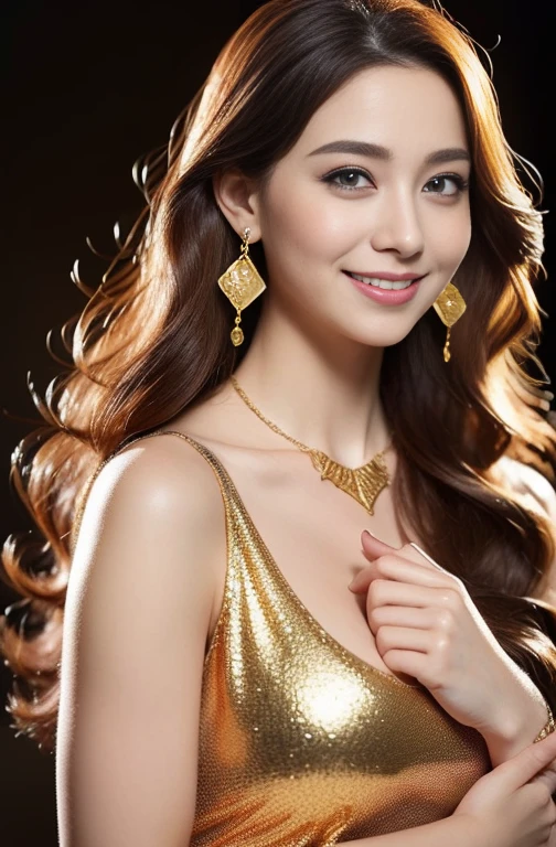 High quality finger, Normal hand, Finger details,masterpiece, (Realistic, photo-Realistic:1.37), (22-year-old female), league of legends katalina, Mid-chest, Narrow waist, Dark redhead, blue eyes, Beautiful Face, Perfect lighting, Beautiful and beautiful eyes,Looking at the audience, Stunningly beautiful woman, Detailed hairstyle, Detailed Background,Red Luxury Suit, Detailed fantasy backgrounds, (Sweat:1)、((Loosely inward wavy hair:1.2)),((Gold Necklace_Big earrings:1.2)),((Extra Long Brown Hair:1.2))((A shy smile:1.3)),((Place your left hand gently on your chin,Hold your chest with your right hand:1.3)),((Full figured supermodel standing, Full body in frame))