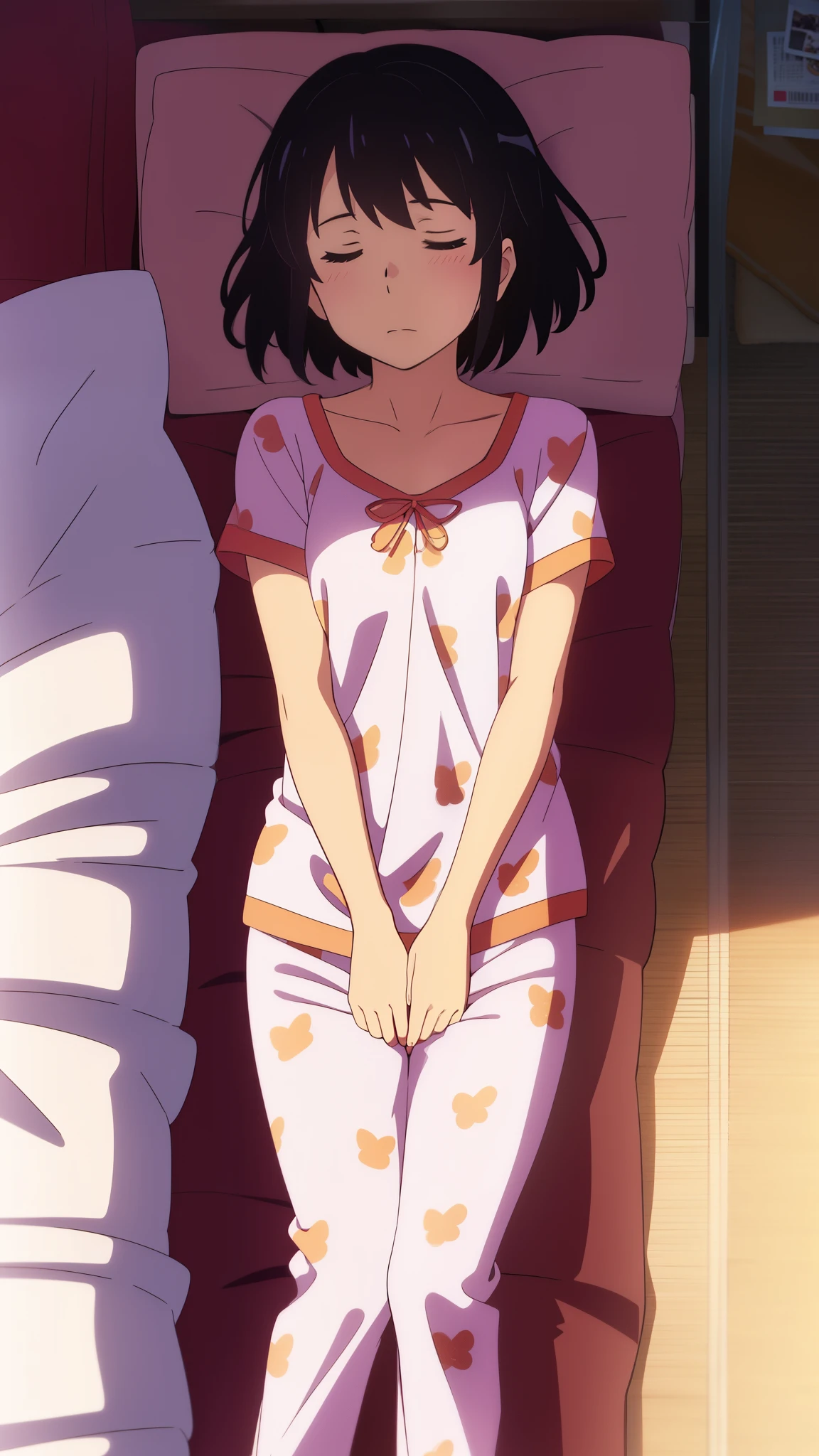 shinkai makoto, kimi no na wa., 1girl, bangs, black hair, closed eyes, short hair, beautiful, cute, perfect body figure, solo, sleeping, laying on the bed, bedroom, pillow, futon, bed_sheet, pajamas, print_pajamas, pants