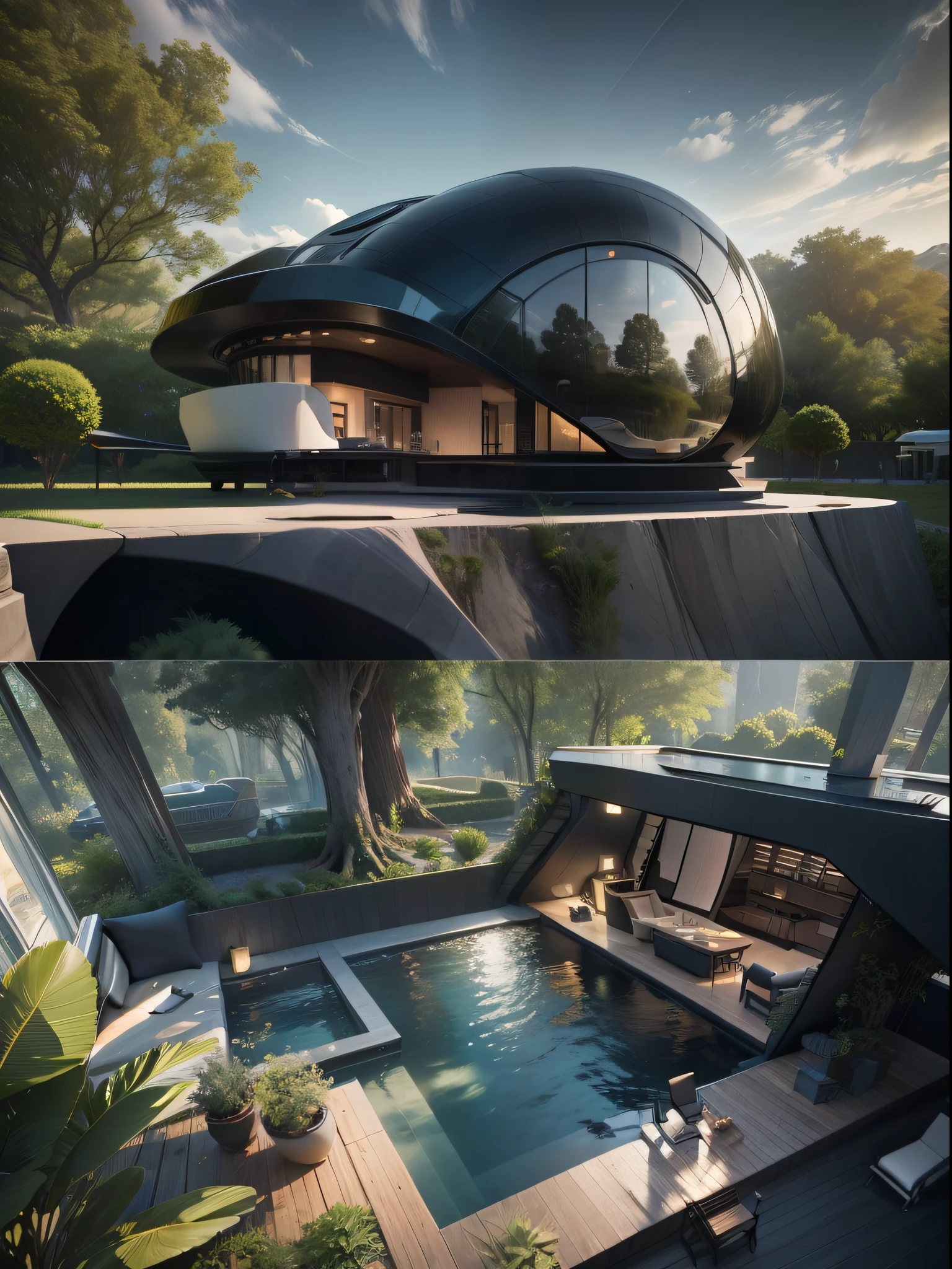Tiny House Perfect Egg Format, Appearance color: Piano Black, Zaha Hadid, Realistic photos of pure design ::1.6. With swimming pool and garden. Crease surface, winding. Movie, photography, Ultra wide angle and ultra detailed, Crazy details, covered in plants, Intricate details, Beautiful color grading, Unreal Engine ::1