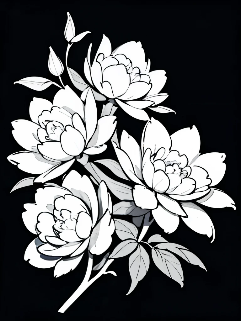 A whole branch of peony flowers,Black and White,Sketch hand drawn,luxuriant