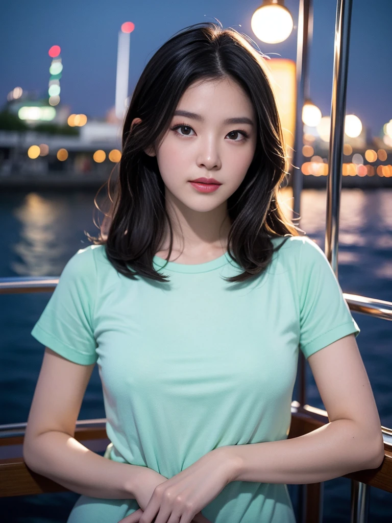 (Original photo of 8K,best qualtiy,tmasterpiece:1.2),(Medium view),the night,Night on a yacht,Sea and night view in the background,best qualtiy,tmasterpiece,(Small mouth:1.2),short- sleeved,short- sleeved,short- sleeved,short- sleeved,an extremely delicate and beautiful one,,astounding,finely detailled,tmasterpiece,Best quality at best,(age 22:1.2),Narrow waist,Slim,is shy,Pure,adolable,Bushy hair,Soft hair,big breasts beautiful,A detailed eye,(long whitr hair:1.2)