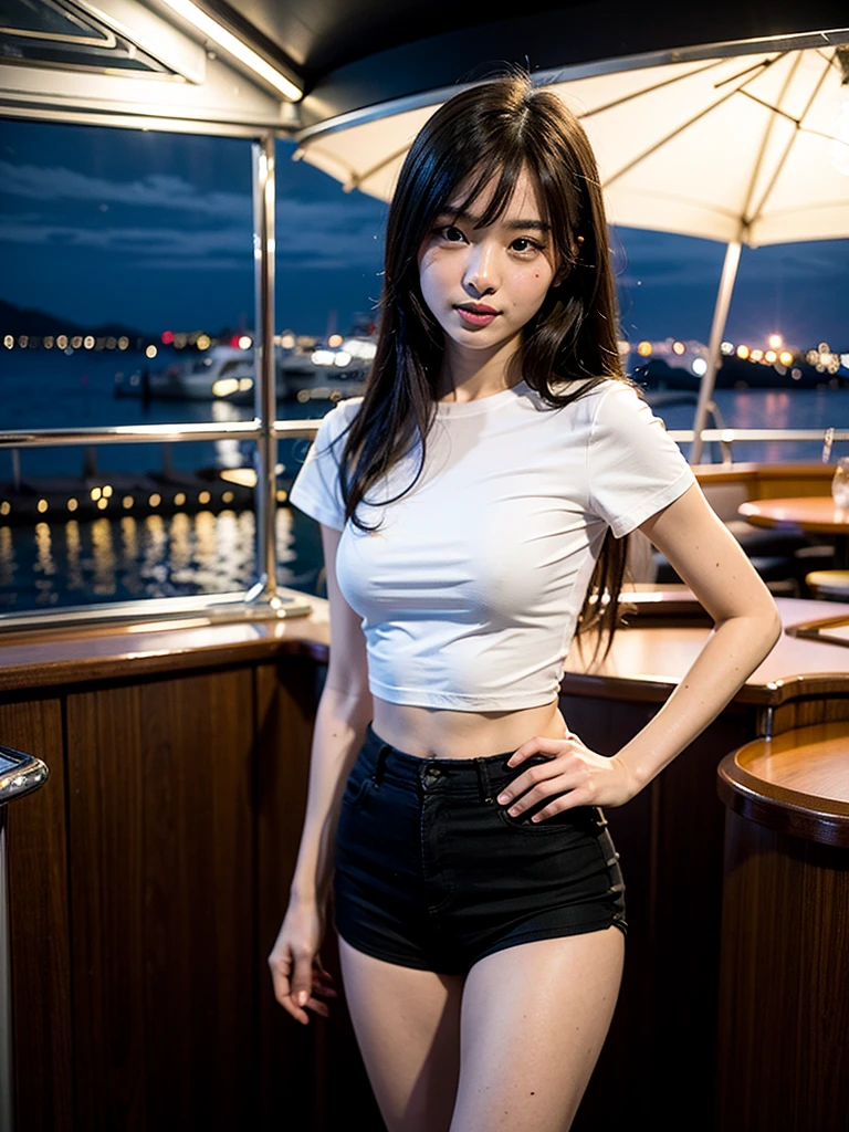(Original photo of 8K,best qualtiy,tmasterpiece:1.2),(Medium view),the night,Night on a yacht,Sea and night view in the background,best qualtiy,tmasterpiece,(Small mouth:1.2),short- sleeved,short- sleeved,short- sleeved,short- sleeved,an extremely delicate and beautiful one,,astounding,finely detailled,tmasterpiece,Best quality at best,(age 22:1.2),Narrow waist,Slim,is shy,Pure,adolable,Bushy hair,Soft hair,big breasts beautiful,A detailed eye,(long whitr hair:1.2)