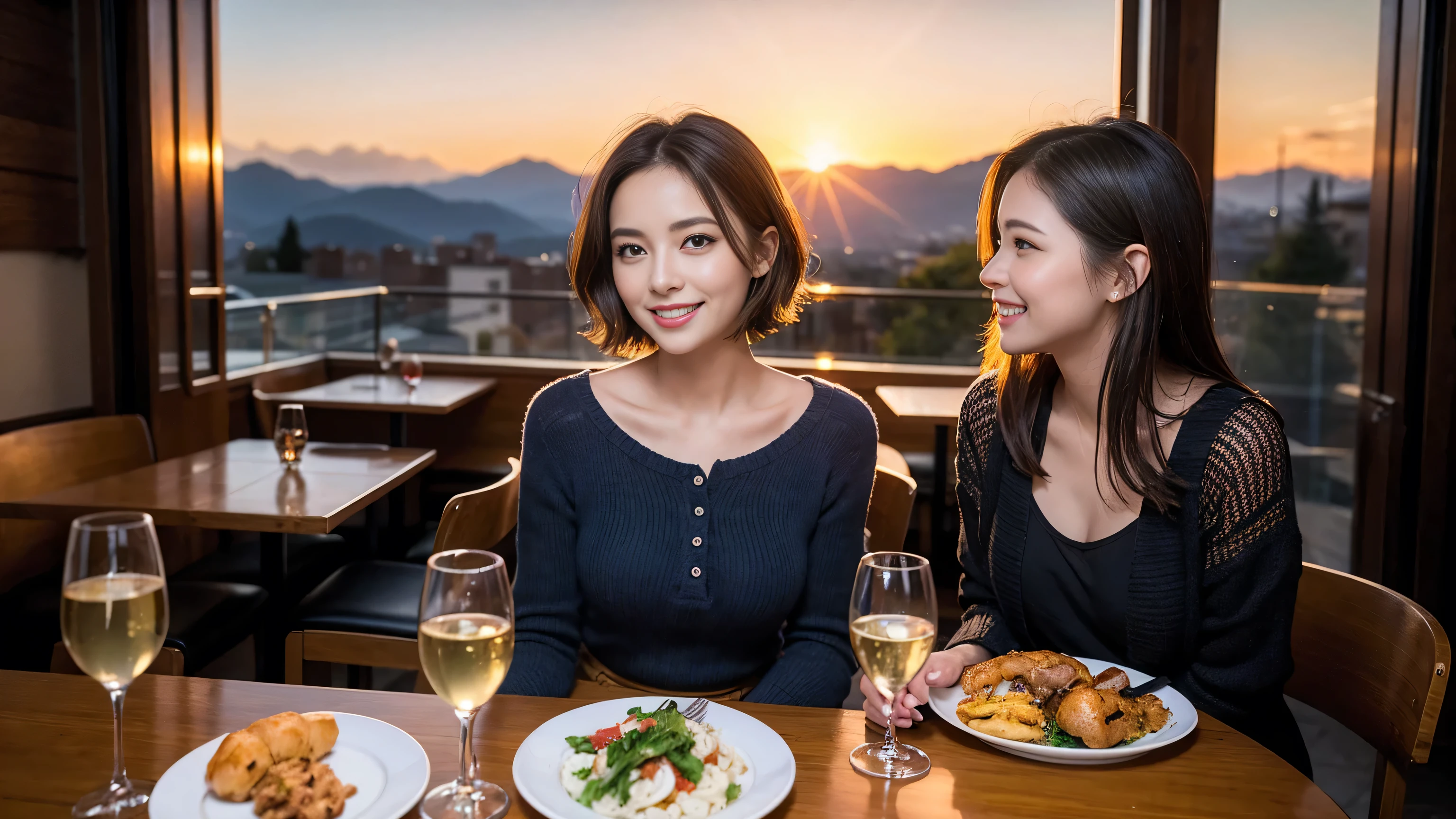 (highest quality、8k、masterpiece:1.3)、Beautiful woman with perfect figure:1.4、Dark brown hair、Wine Party、2 people、Knit dress、Highly detailed face and skin、Detailed eyes、double eyelid、Wine glass on the table、Lighting the face、 Amazing view of the sunset sky and clouds、Amazing mountain views、A bright and smiling face、Smiling lovely woman、Bright image、The beauty of wine, Beautiful Face, blue eyes, Blushing, short hair,Bright Face、Fox face、 (36 years old), 39 years old, Lady、red wine 、Appetizers、Italian food、Wine bottle、Champagne、sparkling wine、Two beauties、Brown Hair、Shortcuts、Long sleeve shirt、dress、Pretty Woman 1, (Slim face), (The body is slim), (Brown Hair), (Shortcuts), cheeks turn a little red,Attractive beauty、, Out of the window, A beautiful and detailed night view unfolds.........., restaurant, In a prominent place (From the waist up) Nova Frog Style, actress, model, Upper Body, White wine, slim, wine glass, 