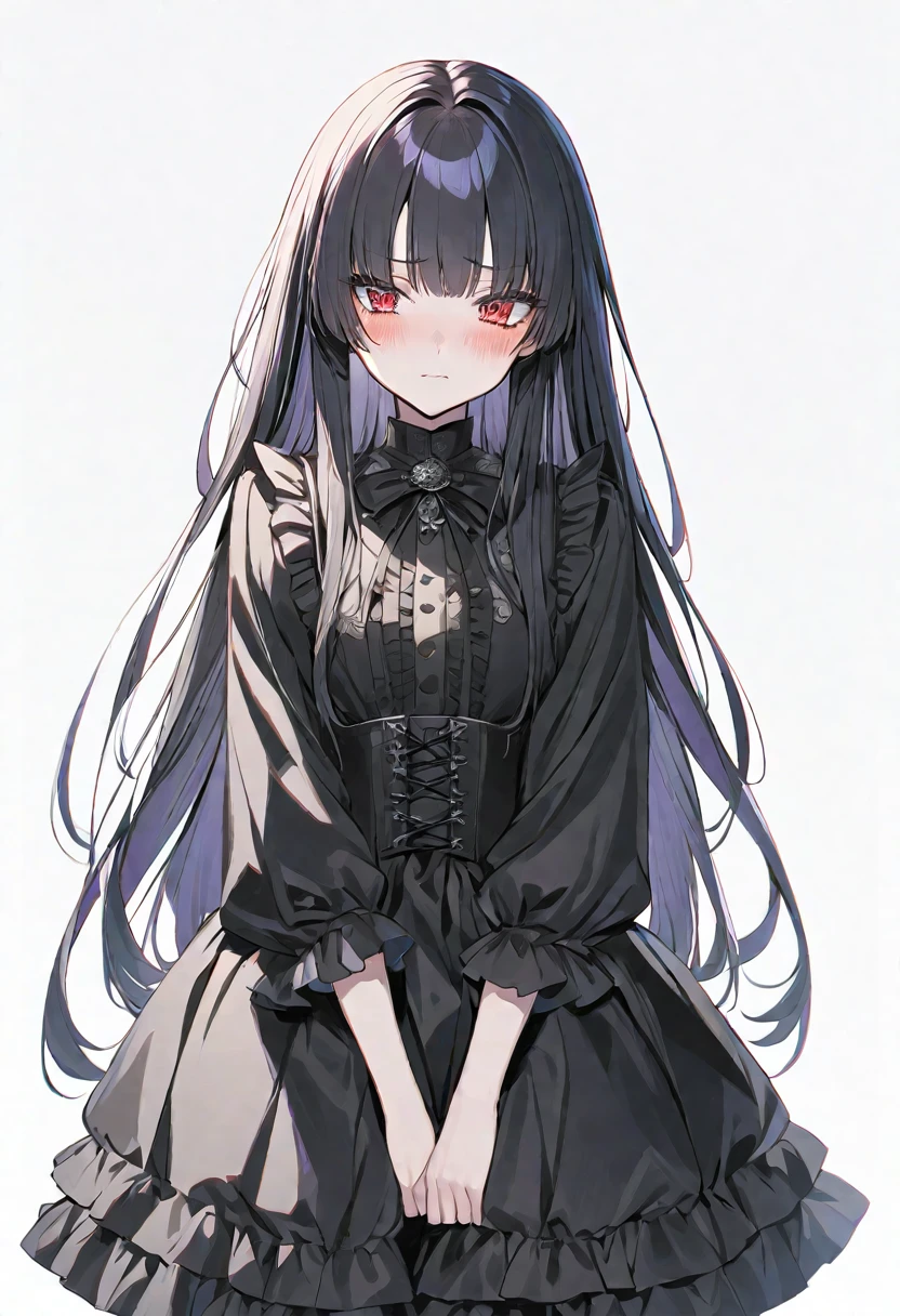 solo, handsome, 1. Female, Hime cut,Straight Long Hair, black hair, red eyes＆Soft look, Gojo Satoru ,Gothic Lolita Fashion,skin,Sexy,Embarrassed,White background
