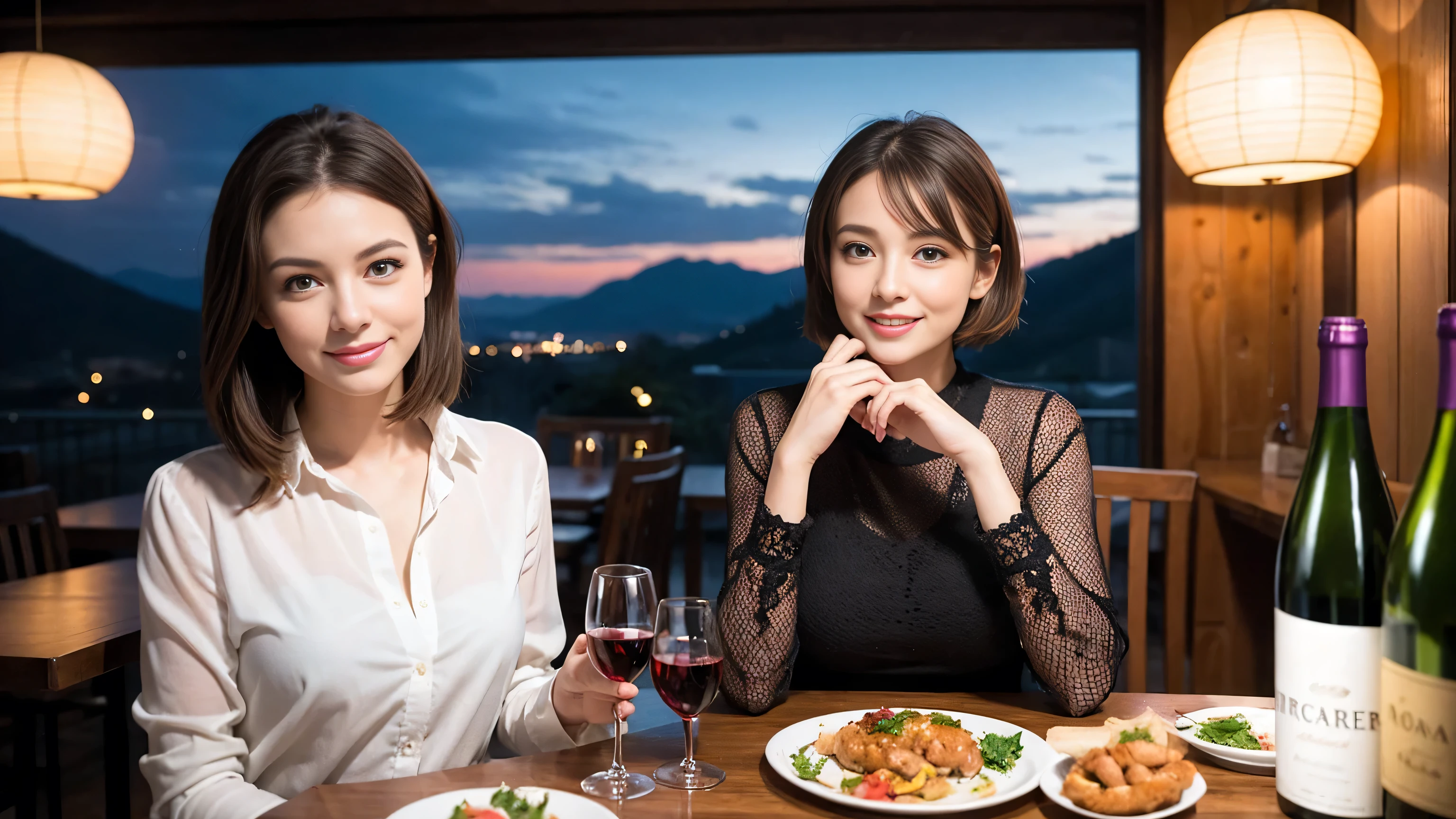 (highest quality、8k、masterpiece:1.3)、Beautiful woman with perfect figure:1.4、Dark brown hair、Wine Party、2 people、Knit dress、Highly detailed face and skin、Detailed eyes、double eyelid、Wine glass on the table、Lighting the face、 Amazing view of the sunset sky and clouds、Amazing mountain views、A bright and smiling face、Smiling lovely woman、Bright image、The beauty of wine, Beautiful Face, blue eyes, Blushing, short hair,Bright Face、Fox face、 (36 years old), 39 years old, Lady、red wine 、Appetizers、Italian food、Wine bottle、Champagne、sparkling wine、Two beauties、Brown Hair、Shortcuts、Long sleeve shirt、dress、Pretty Woman 1, (Slim face), (The body is slim), (Brown Hair), (Shortcuts), cheeks turn a little red,Attractive beauty、, Out of the window, A beautiful and detailed night view unfolds.........., restaurant, In a prominent place (From the waist up) Nova Frog Style, actress, model, Upper Body, White wine, slim, wine glass, 