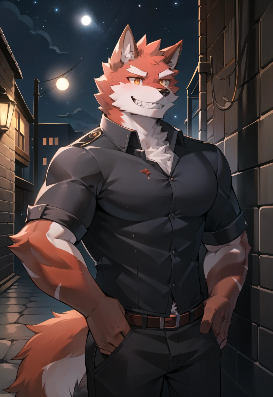 individual,Just not good, Muscular body, young,young角色,Red fur all over,Red fur,Body tearing,Standing at the alley, Dark night alley background,head tilted to one side,Is smiling,Showing sharp teeth,Happy mood,beautiful night sky, Wearing black short-sleeve,Wolf furry character,Orange pupils