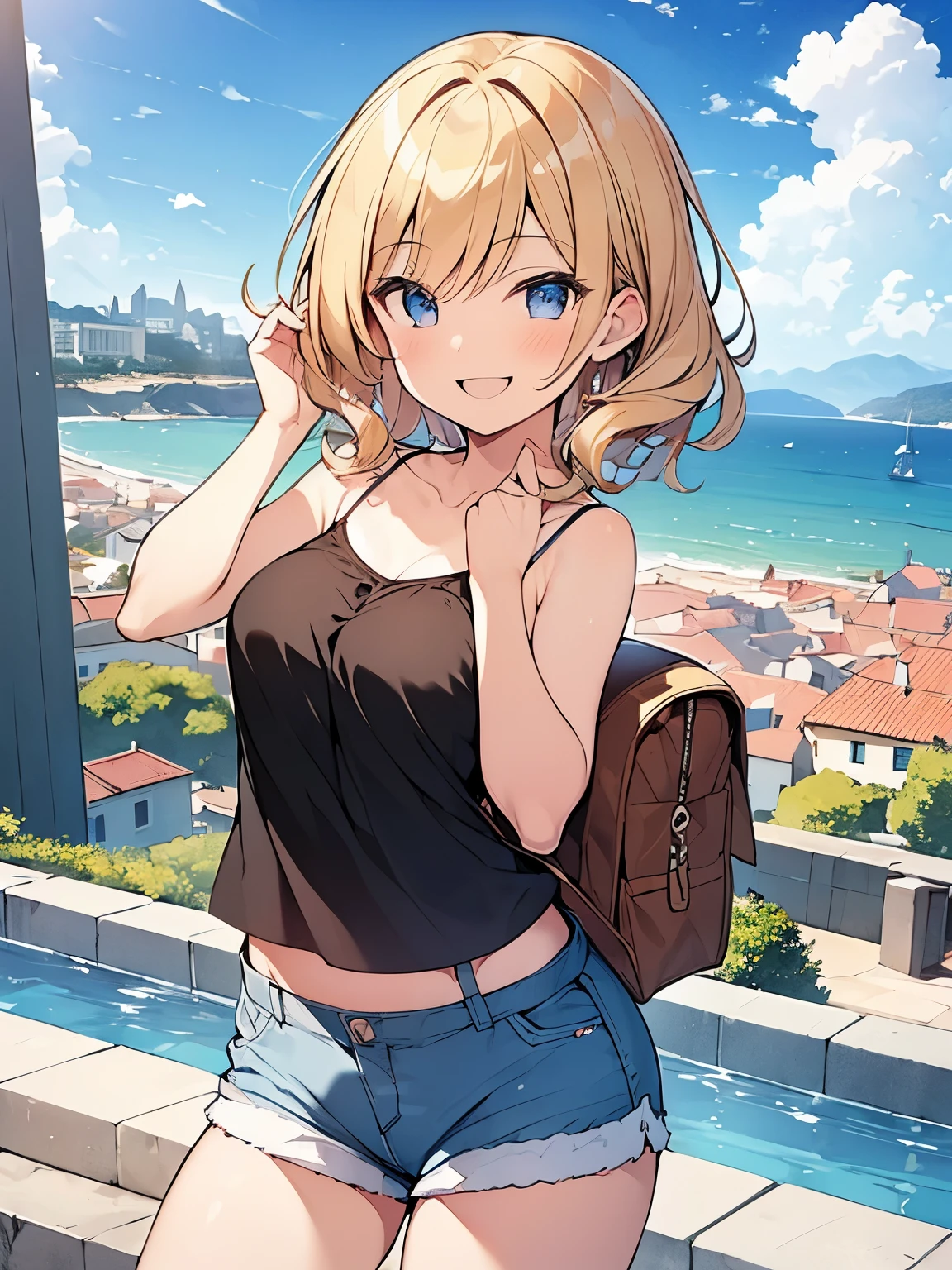 (Masterpiece, Top quality: 1.5), upper body, 1 beautiful girl, solo, blond,  (camisole, Shorts :1.3), Summer clothes ,  blond hair, short hair,  Curly hair, Hair swaying in the wind, Keep your head small, (:1.2),Ample　breasts, standard weight, one knapsack, (smile:1.5), blush :1.2, open mouth, beautiful scene , Mediterranean cityscape, magnificent panorama view, dynamic pose