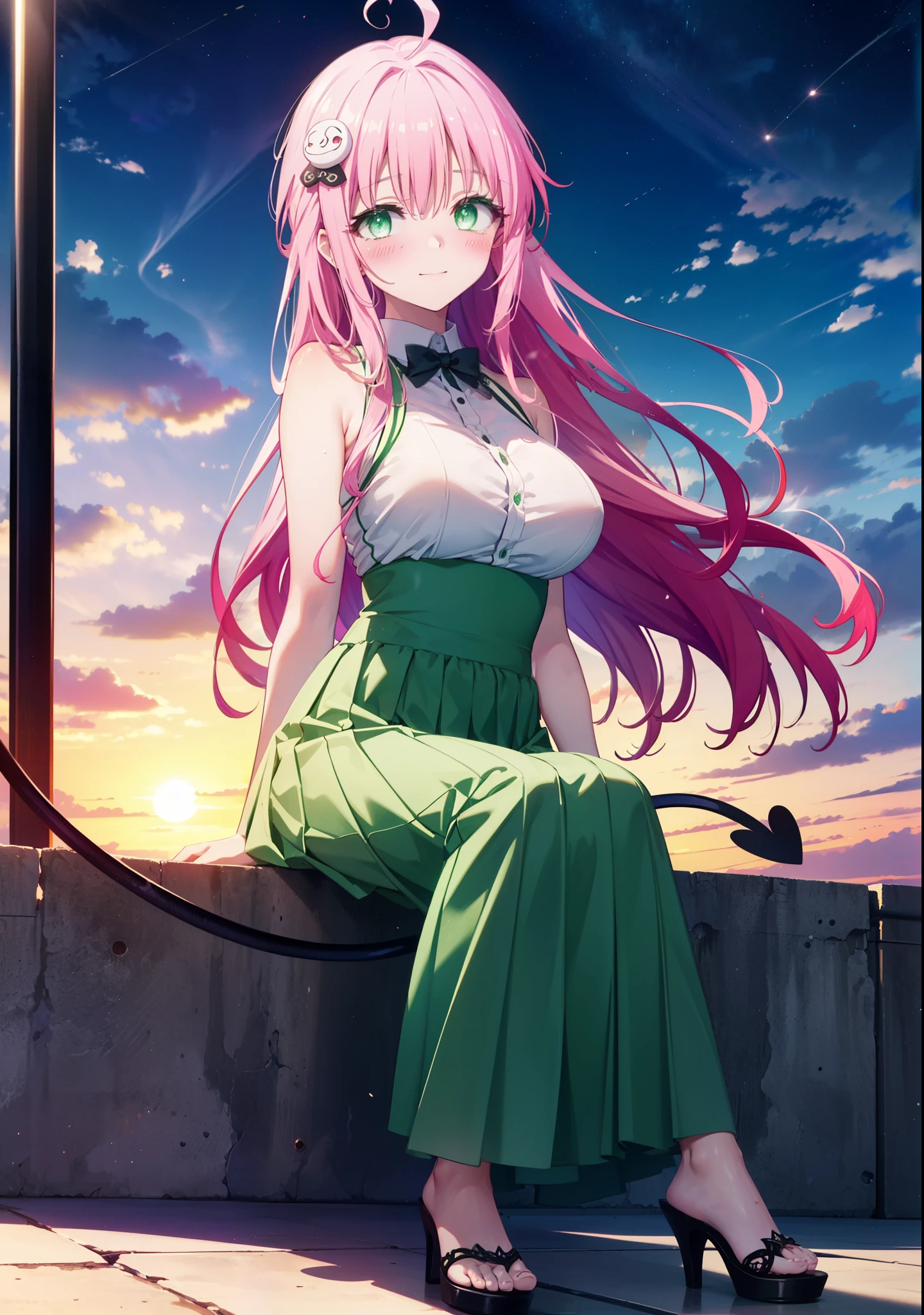 Laradevi Luke, Lara Deviluke, Long Hair, Pink Hair, tail, Ahoge, bangs, hair ornaments, (Green Eyes:1.5), smile,blush,Big Breasts,
break demon tail, Cordo shoulder top,Long skirt,Stiletto heels,The sun is setting,Sunset,evening,Sitting on the steps in the park,whole bodyがイラストに入るように,
break outdoors, 公園
break looking at viewer, whole body,
break (masterpiece:1.2), highest quality, High resolution, unity 8k wallpaper, (shape:0.8), (beautiful detailed eyes:1.6), extremely detailed face, Perfect lighting, extremely detailed CG, (Perfect hands, Perfect Anatomy),