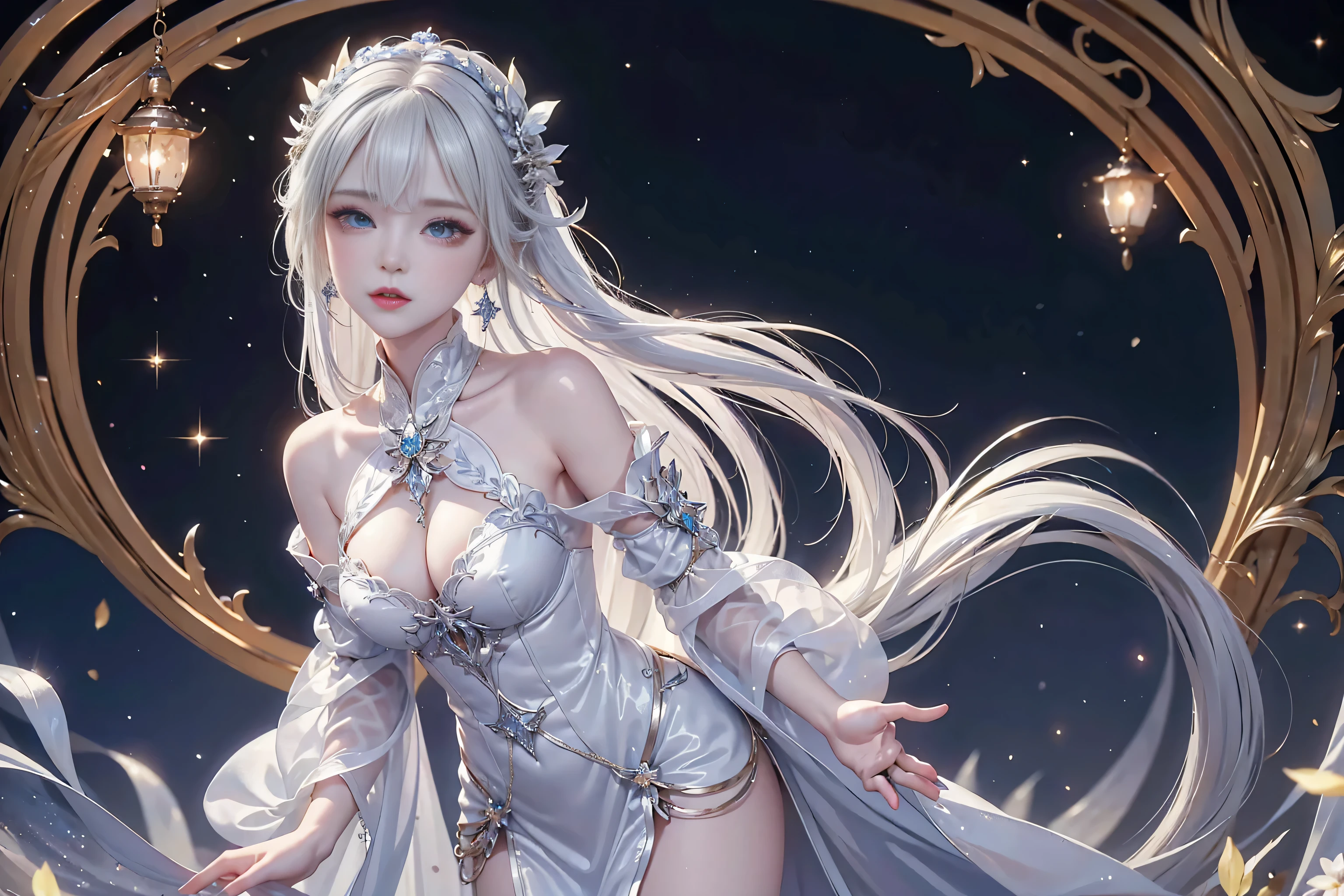 Night view,star,(White Haired Girl:1.5),((masterpiece))、(detailed:1.4)、(Backlight)(A fantastic atmosphere、Ancient capital、Amazing beauty images,((1girl))、white dust、Light and dance-like、Suspended particles), (Black Dress、Long dress with sleeves、Exposing shoulders、Off the shoulder)、(Gray hair that changes with light、length, Lustrous white hair、WHITE hair fluttering in the wind、Beautiful Bangs:1.3)、(Beautiful white and shining skin、Cheek gloss highlighter、Sexy and very beautiful and adorable face、The most beautiful face in the world、big, Sparkling blue eyes)、(Cute 25 year old girl、small beautiful breasts、Great cleavage and a tiny waist、Delicate shoulders、Perfect figure)Close-up image