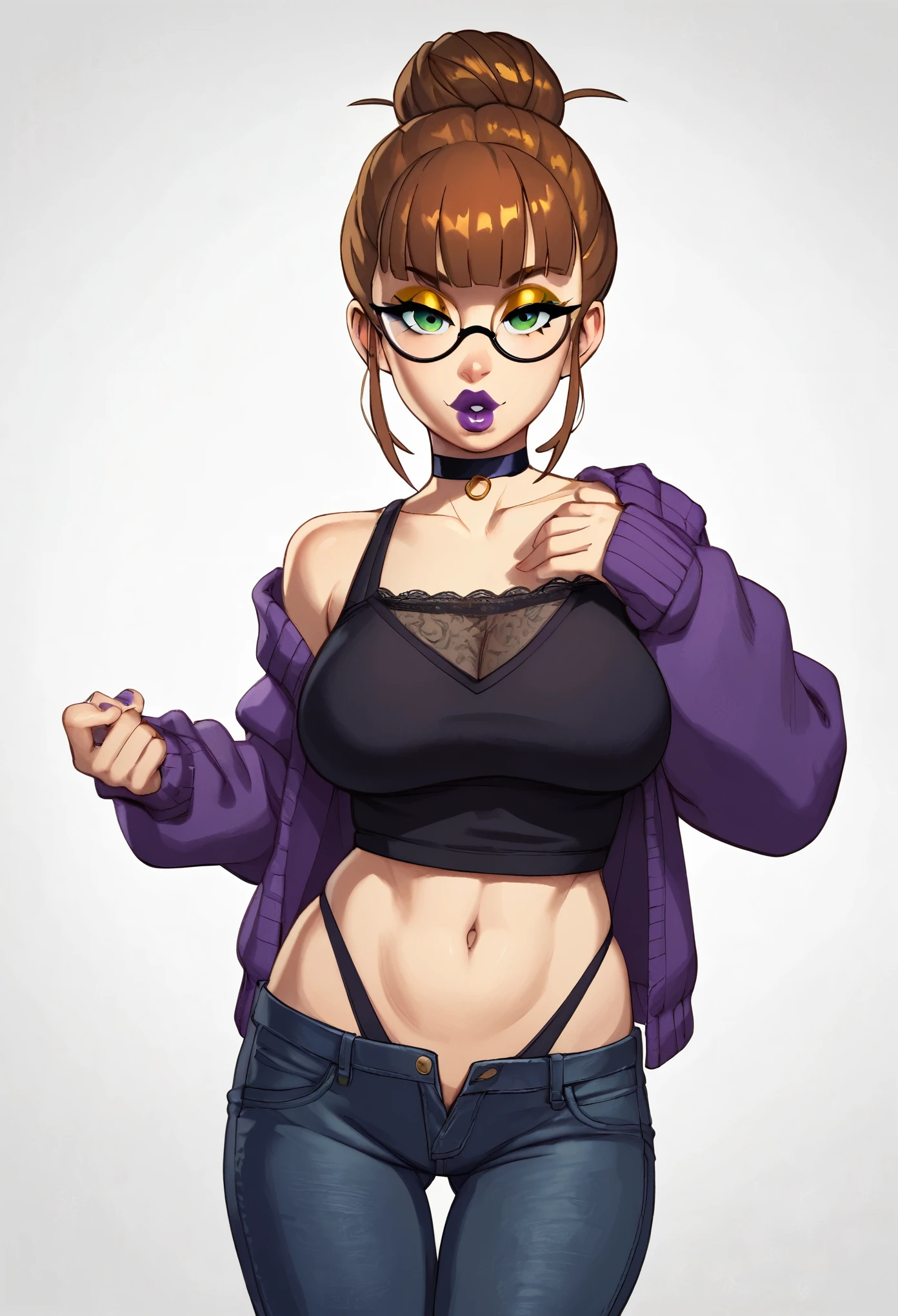 score_9, score_8_up, score_7_up, score_6_up, score_5_up, score_4_up, BREAK 1girl, brown hair, bun hair, green eyes, thick lips, long eyelashes, half-closed eyes, black-framed eyewear, round eyewear, black choker, blunt bangs, adult, black eyeliner, purple lips, golden eyeshadow, looking at viewer, BREAK solo, standing, large breasts, adult, skinny, highleg, arched back, thigh gap, cardigan, black jeans, BREAK (white background:1.2), simple background, dynamic pose, dynamic angle, angled shot,
