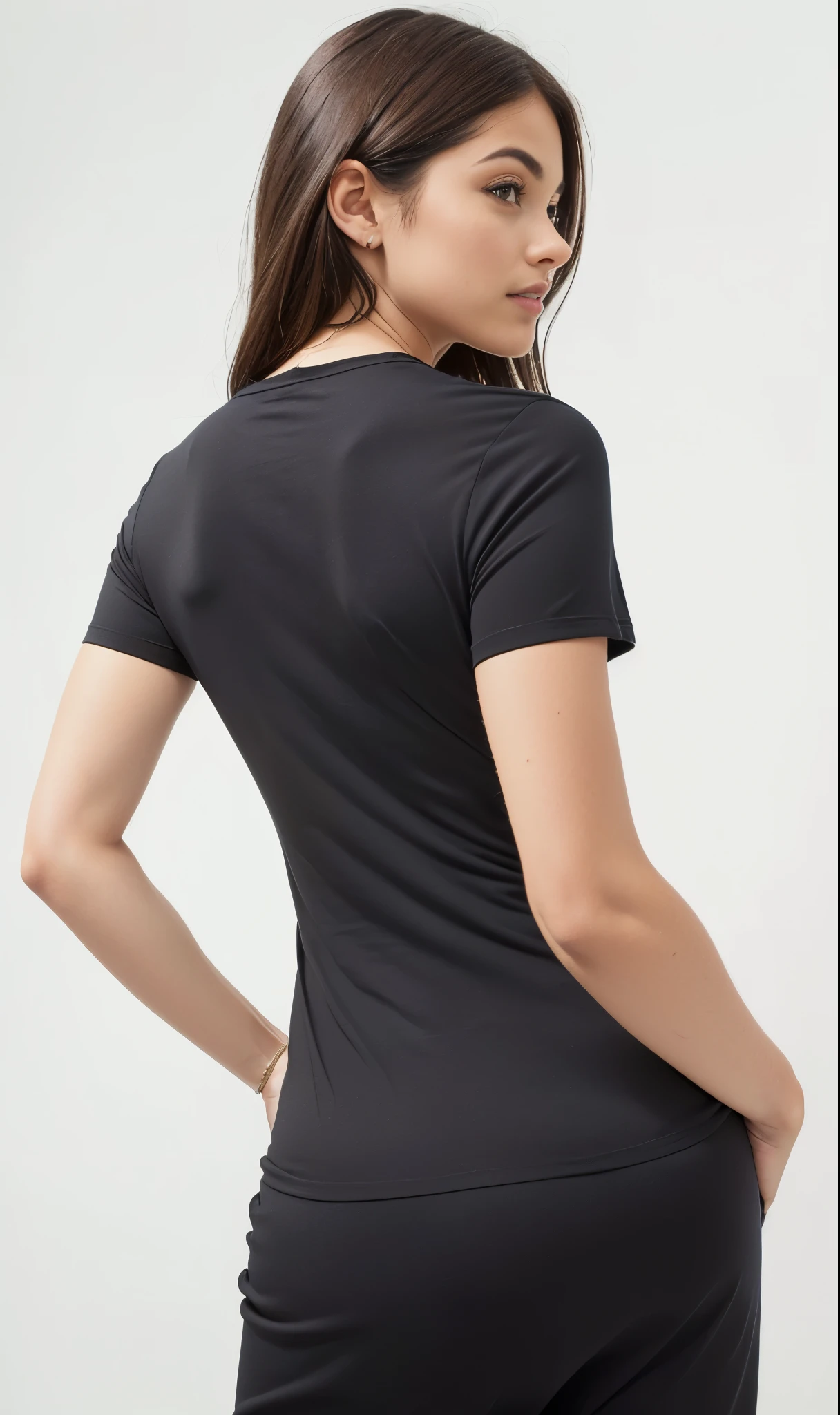 a woman in a black shirt and black pants stands with her back to the camera, vista traseira, Vista traseira also, Vista traseira, camisa apertada, vestindo roupas simples e justas, wearing camisa apertada, close-up from behind, back view, vestindo camiseta preta, fotografado de costas, view from behind, 3 / 4 Vista traseira, roupas pretas justas