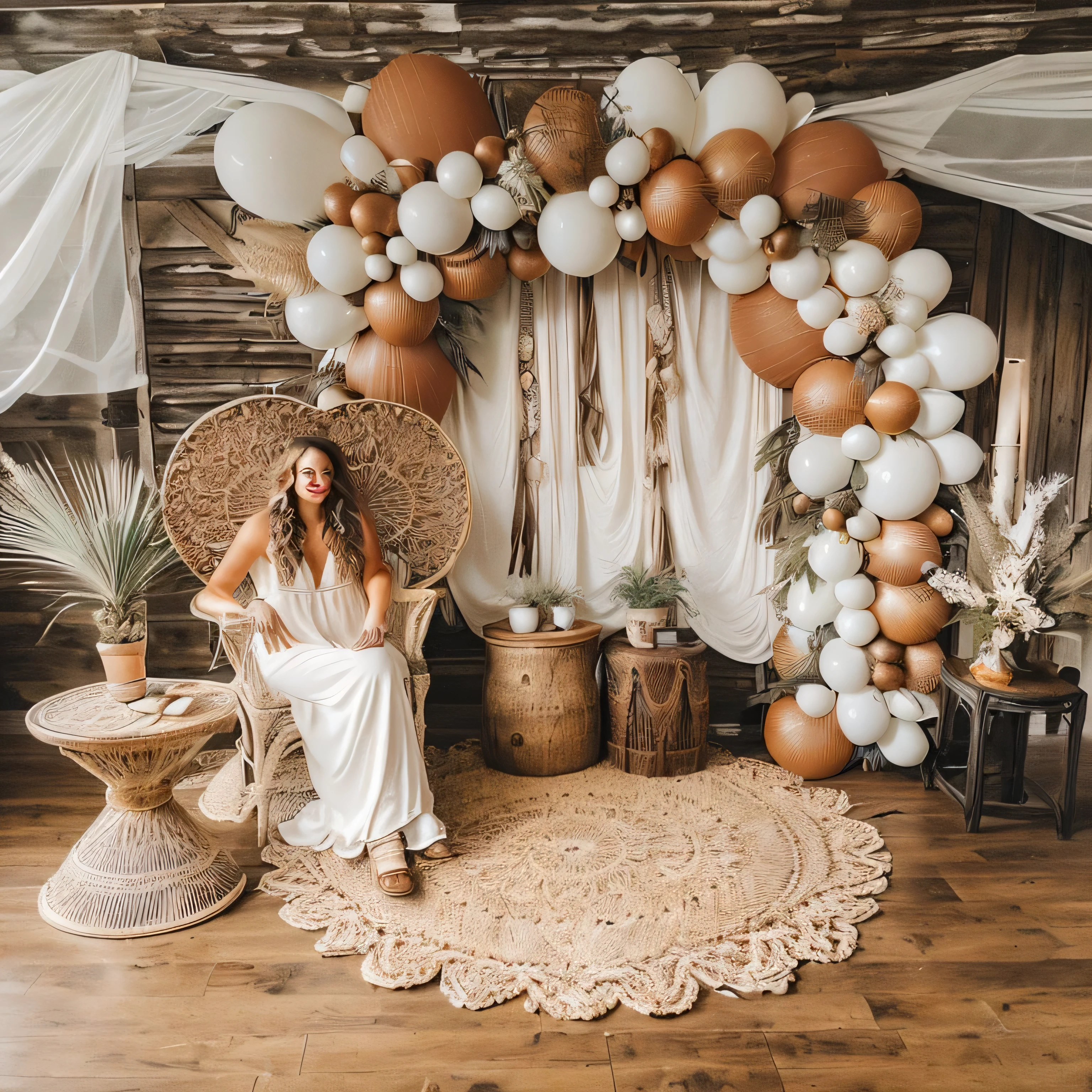 The Alafia Balloon Arch has a logo on iays "We are here", Bohemian neutral colors, Bohemian style, Wild West theme, Brown and white color scheme, nobody