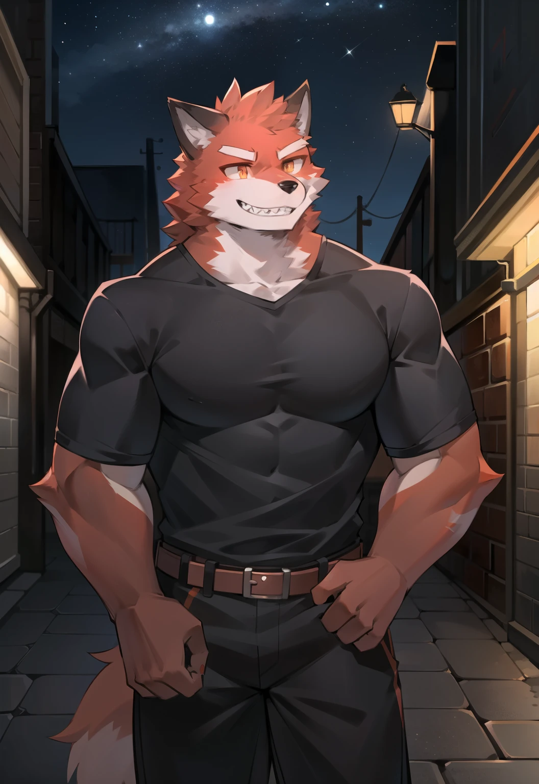 individual,Just not good, Muscular body, young,young角色,Red fur all over,Red fur,Body tearing,Standing at the alley, Dark night alley background,head tilted to one side,Is smiling,Showing sharp teeth,Happy mood,beautiful night sky, Wearing black short-sleeve,Wolf furry character,Orange pupils