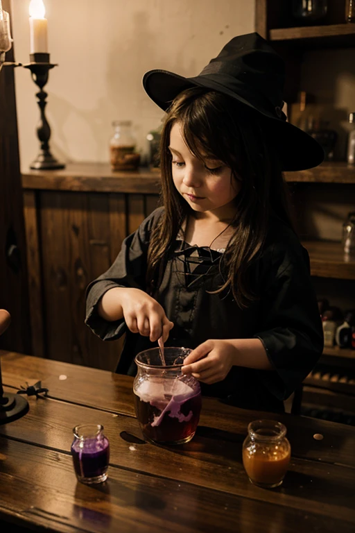 Little witch at the table mixing potions