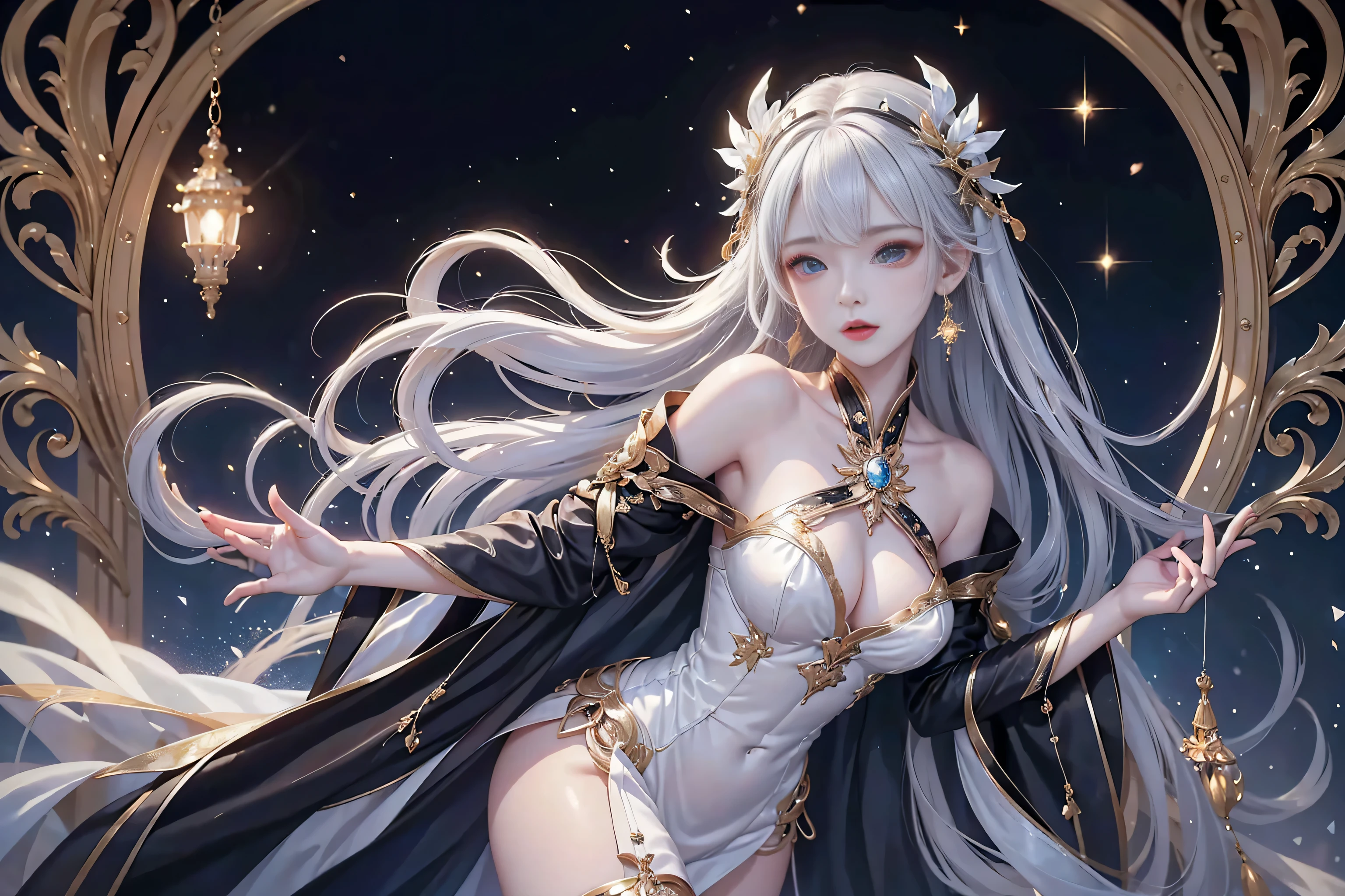 Night view,star,(White Haired Girl:1.5),((masterpiece))、(detailed:1.4)、(Backlight)(A fantastic atmosphere、Ancient capital、Amazing beauty images,((1girl))、white dust、Light and dance-like、Suspended particles), (Black Dress、Long dress with sleeves、Exposing shoulders、Off the shoulder)、(Gray hair that changes with light、length, Lustrous white hair、WHITE hair fluttering in the wind、Beautiful Bangs:1.3)、(Beautiful white and shining skin、Cheek gloss highlighter、Sexy and very beautiful and adorable face、The most beautiful face in the world、big, Sparkling blue eyes)、(Cute 25 year old girl、small beautiful breasts、Great cleavage and a tiny waist、Delicate shoulders、Perfect figure)Close-up image