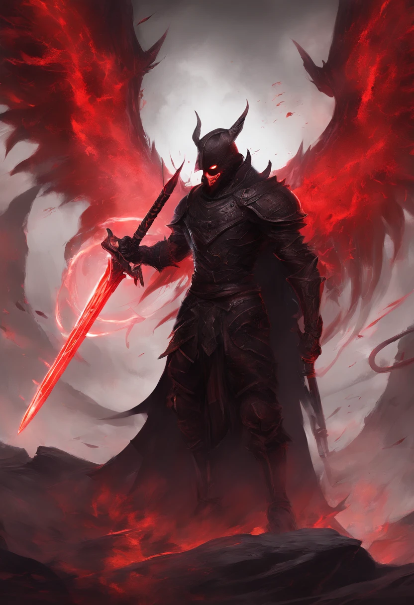 Hell lord, black face, red eyes, sharp teeth, holding glowing light sword, glowing text on sword, fight against angle knight, circle lighton head, dark fantasy art, smoke, fire, angel vs demon,