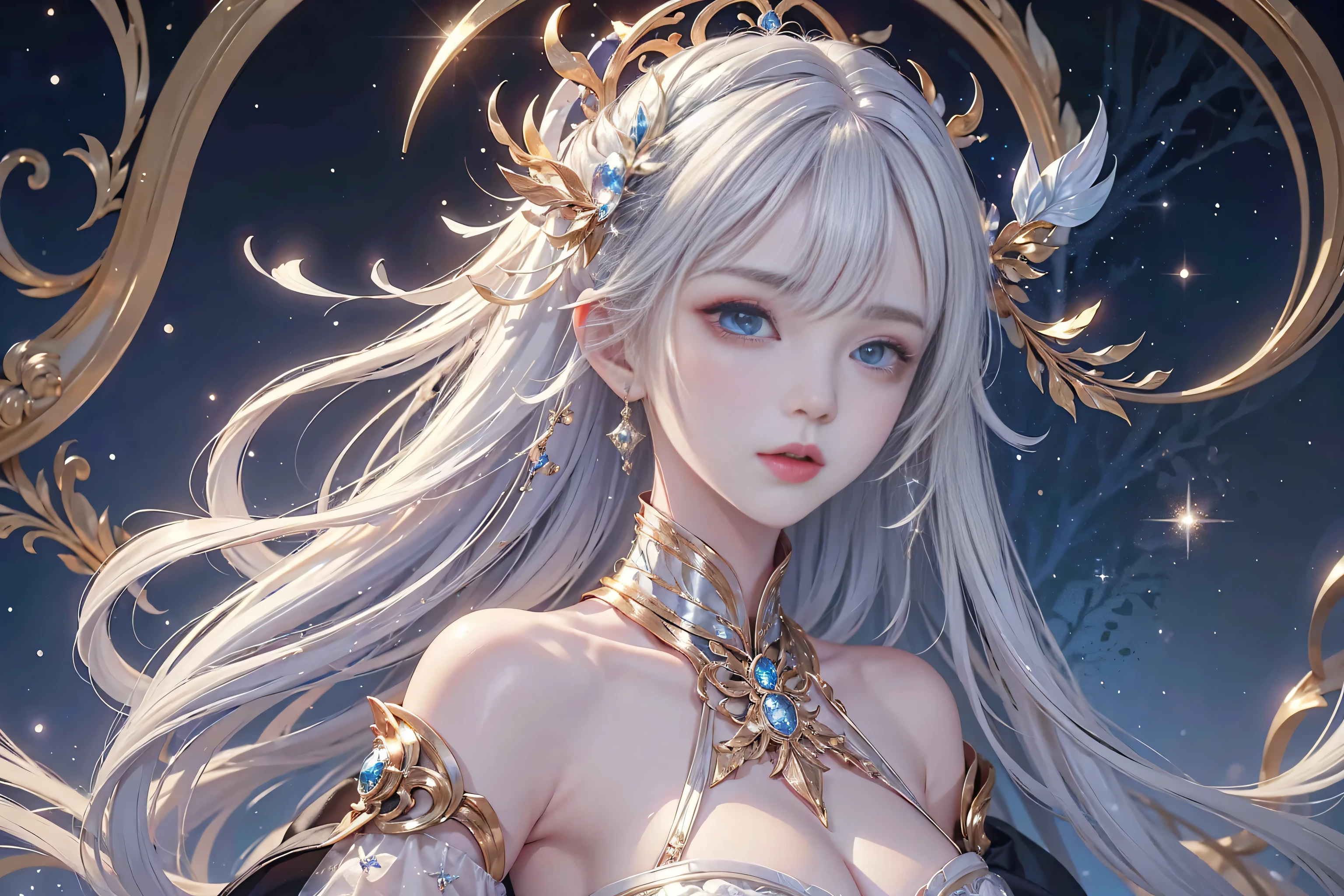 Birth chart、Venus、optic、a moon、suns、planetes、stele、kindly smile、rokoko、Breasts are small and B size、A slender、Cleavage is visible。Paws are thin and beautiful,the skin is white and transparent