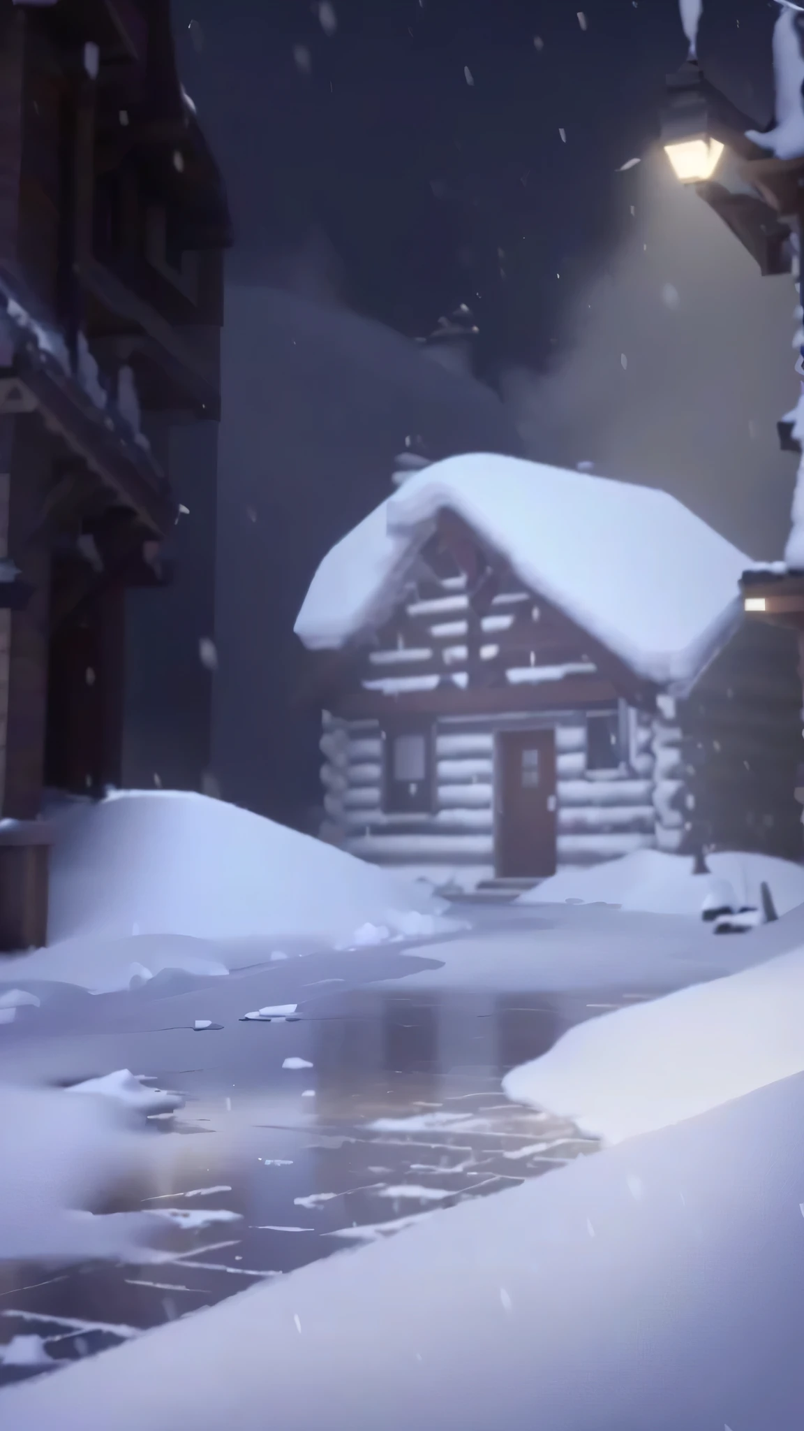 Snow scene at the cabin in Snow Town, Winter concept art, Background Image, Random background scenes, Stylized as 3D rendering, Snowy environment, 《Fortnite》Realism in the game style, stylized concept art, Animation style rendering, Winter scene fantasy, Thick winter aesthetics, Frostbite 3 rendering, Detailed scenario, Video Game Still, Only Snow I Background