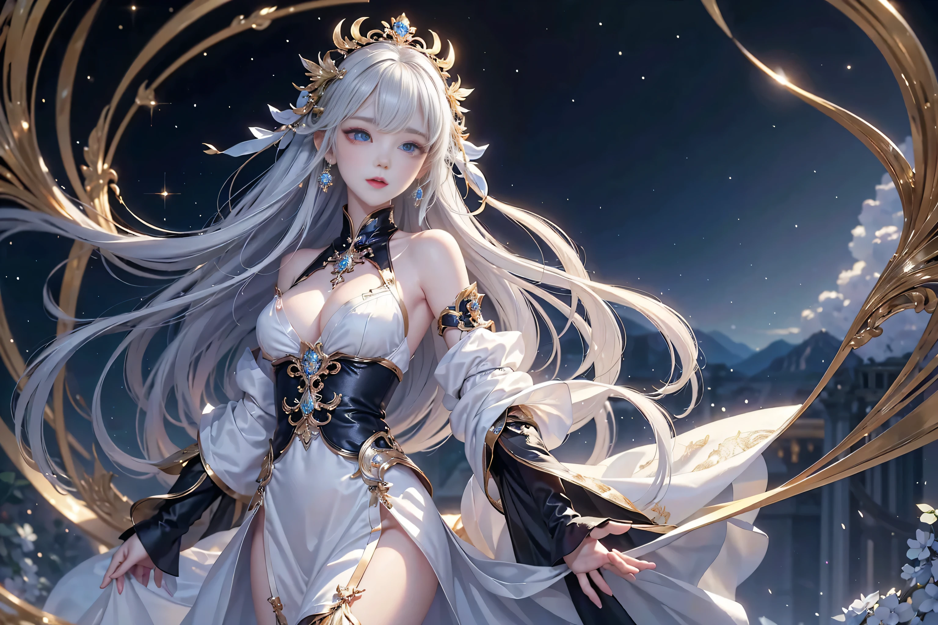 Night view,star,(White Haired Girl:1.5),((masterpiece))、(detailed:1.4)、(Backlight)(A fantastic atmosphere、Ancient capital、Amazing beauty images,((1girl))、white dust、Light and dance-like、Suspended particles), (Black Dress、Long dress with sleeves、Exposing shoulders、Off the shoulder)、(Gray hair that changes with light、length, Lustrous white hair、WHITE hair fluttering in the wind、Beautiful Bangs:1.3)、(Beautiful white and shining skin、Cheek gloss highlighter、Sexy and very beautiful and adorable face、The most beautiful face in the world、big, Sparkling blue eyes)、(Cute 25 year old girl、small beautiful breasts、Great cleavage and a tiny waist、Delicate shoulders、Perfect figure)Close-up image