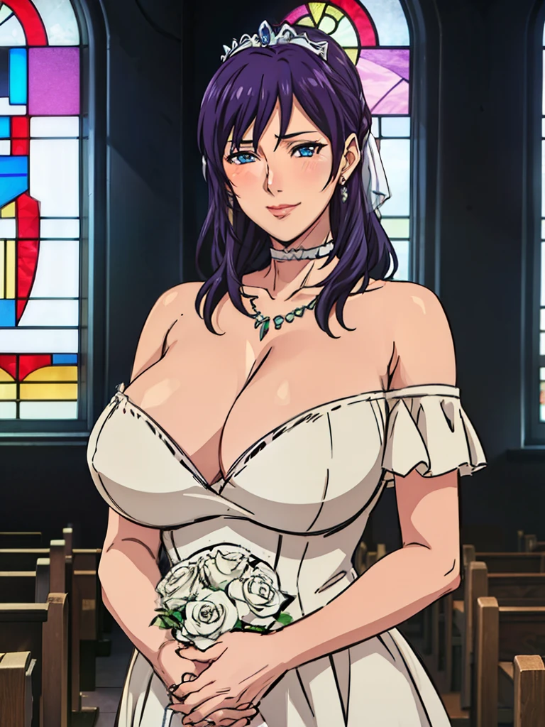 Standing, both hands grabbing flowers, Off-the-shoulder white wedding dress, see through dress, beautiful nipples, choker, silver tiara, necklace, earrings, inside church background, stained glass, NonoharaMikako, milf, anime cels style, best quality, high resolution, 1girl, (huge breasts:1.2), beautiful face, looking at viewer, blush, light smile, purple hair, long hair, red lipstick, makeup, blue eyes, perfect eyes, detailed eyes, detailed hair, hair ribbon, cowboy shot