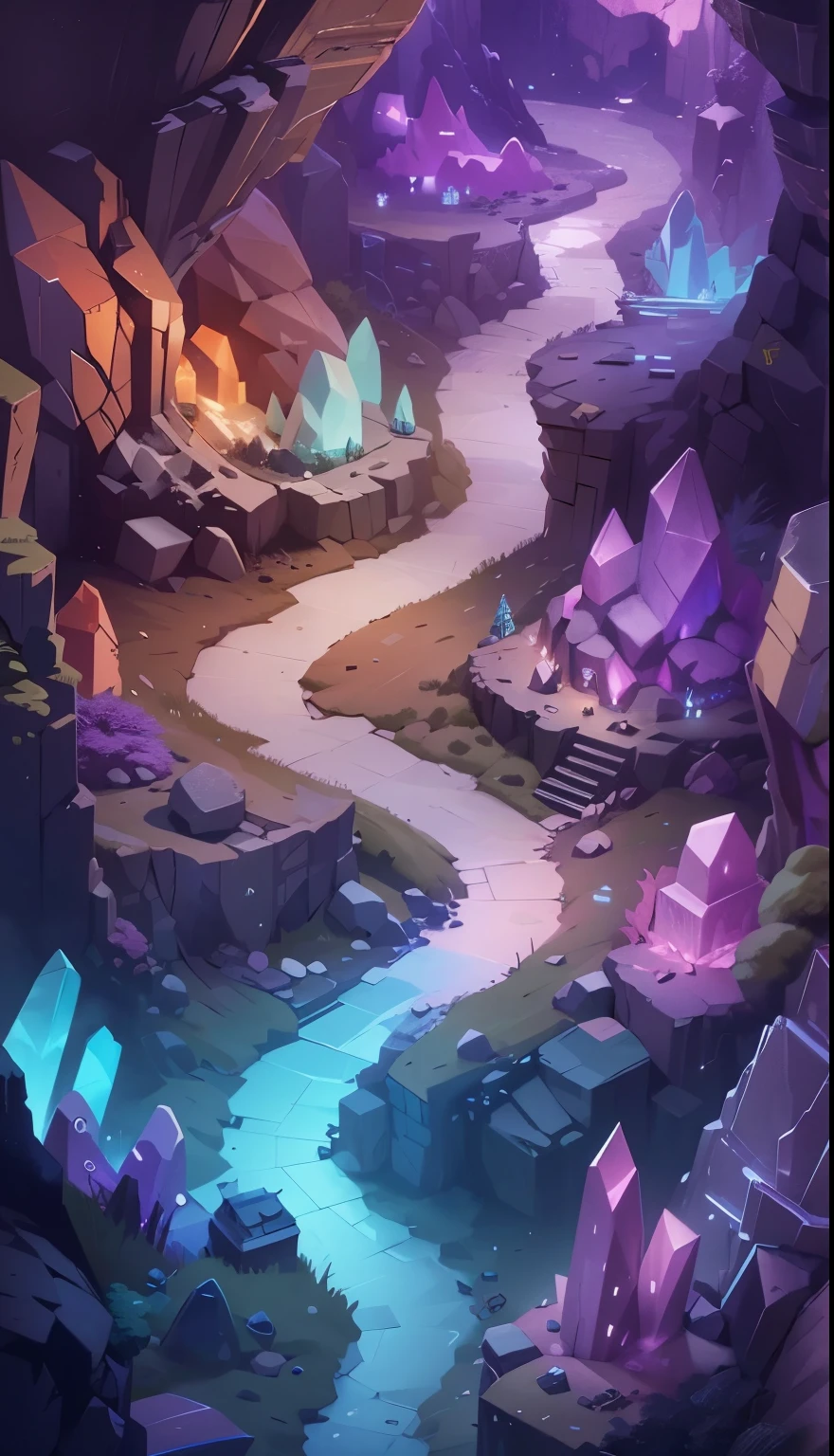 The overall picture is pure,Clean picture,Scene inside the Crystal Cave,There is a clean road in the middle,Vertical Image,Cartoon,Isometric 2D Game Art, masterpiece, Super detailed good quality