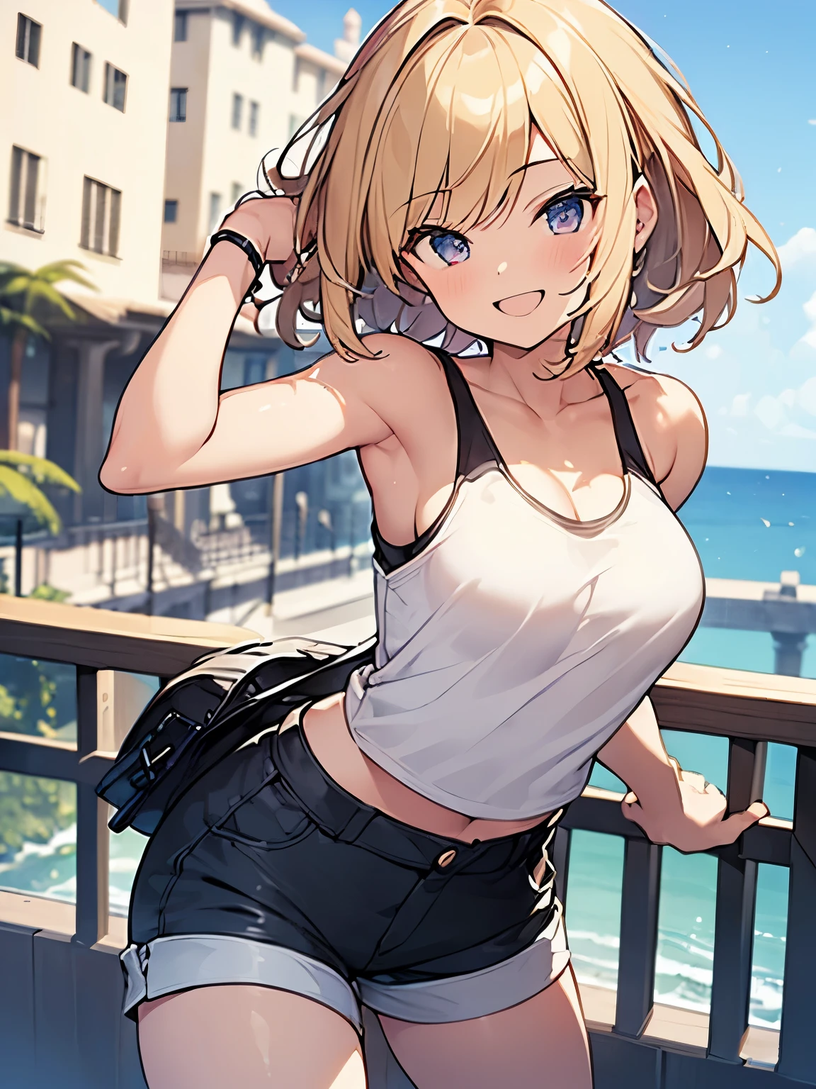 (Masterpiece, Top quality: 1.5),from behind,  upper body, 1 beautiful girl, solo, blond,  (Tank top、 Shorts :1.3), Summer clothes ,  blond hair, short hair,  Curly hair, Hair swaying in the wind, Keep your head small, (15 year old:1.2),Ample　breasts, standard weight, one knapsack, (smile:1.5), blush :1.2, open mouth, beautiful scene , Mediterranean cityscape, magnificent panorama view, dynamic pose