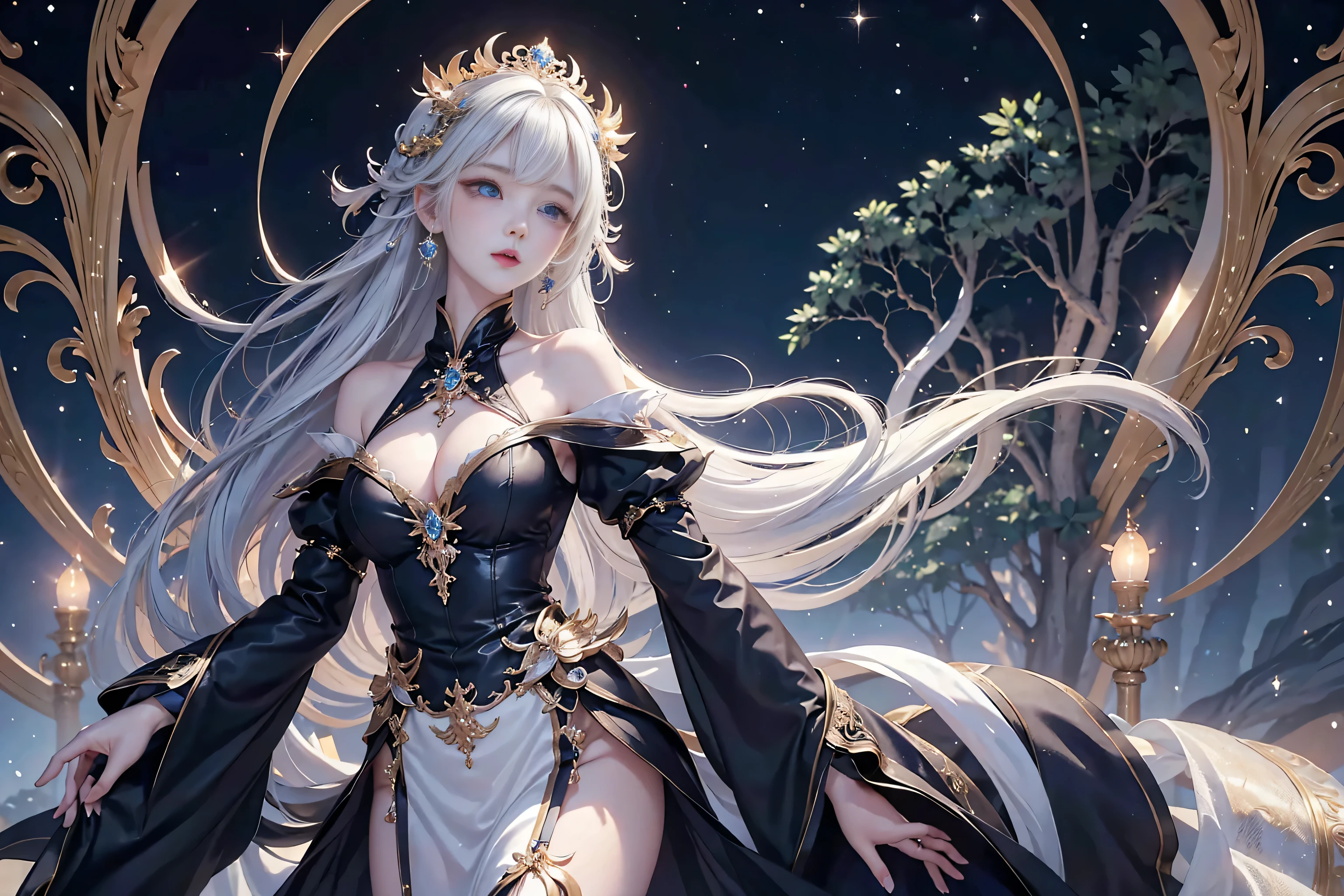 Night view,star,(White Haired Girl:1.5),((masterpiece))、(detailed:1.4)、(Backlight)(A fantastic atmosphere、Ancient capital、Amazing beauty images,((1girl))、white dust、Light and dance-like、Suspended particles), (Black Dress、Long dress with sleeves、Exposing shoulders、Off the shoulder)、(Gray hair that changes with light、length, Lustrous white hair、WHITE hair fluttering in the wind、Beautiful Bangs:1.3)、(Beautiful white and shining skin、Cheek gloss highlighter、Sexy and very beautiful and adorable face、The most beautiful face in the world、big, Sparkling blue eyes)、(Cute 25 year old girl、small beautiful breasts、Great cleavage and a tiny waist、Delicate shoulders、Perfect figure)Close-up image