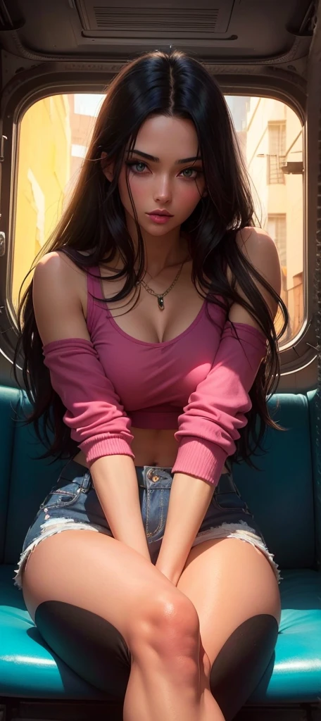 Beautiful girl , sexy slim fit body, long black hair, beautiful blue eyes, pink rogue lips, big breasts, crop top mini jeans