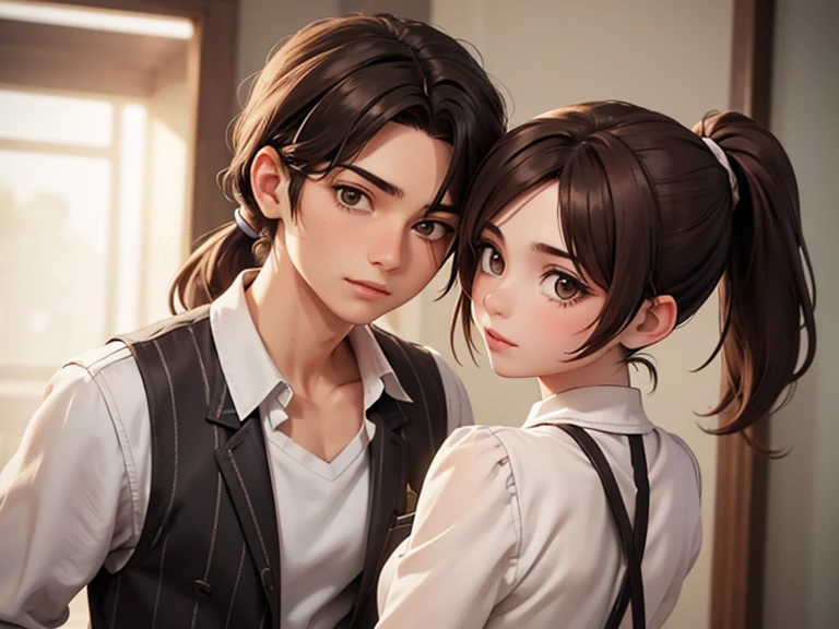 Two characters in a scene boy and girl (absolutely identical twins brother and sister), The first character is a handsome effeminate boy with beautiful girlish features, with semi-long brown hair tied in a ponytail, white linen women&#39;s t-shirt, Brown eyes, and the second character is a girl with aesthetic small breasts with beautiful erect nipples, with very tousled shaggy semi-long brown hair, hair between the eyes, Brown eyes, beautiful face, an athlete with well-developed proportional muscles, dressed in a white silk almost transparent sports shirt on a completely naked body(absolutely no underwear), talk to each other, different emotions, free pose, free interaction with each other, White background, стиль мультфильма Disney Pixar
