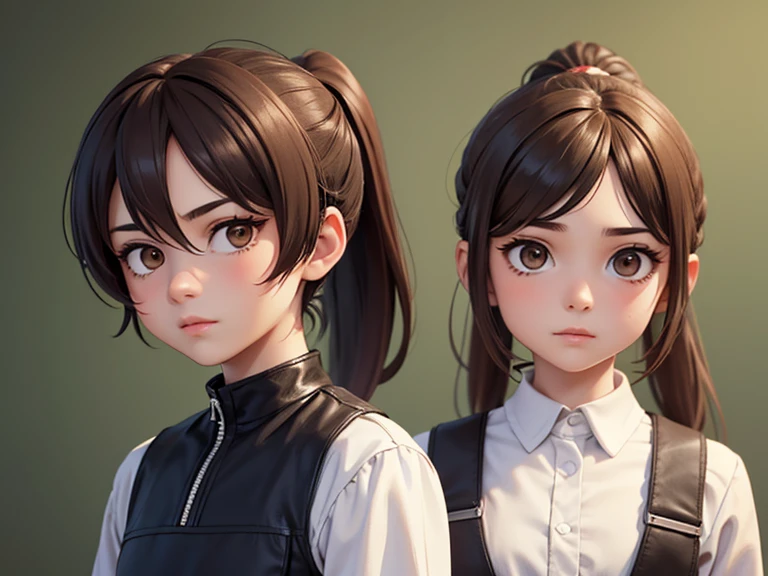 Two characters in a scene boy and girl (absolutely identical twins brother and sister), The first character is a handsome effeminate boy with beautiful girlish features, with semi-long brown hair tied in a ponytail, white linen women's t-shirt, Brown eyes, and the second character is a girl with aesthetic small breasts with beautiful erect nipples, with very tousled shaggy semi-long brown hair, hair between the eyes, Brown eyes, beautiful face, an athlete with well-developed proportional muscles, dressed in a white silk almost transparent sports shirt on a completely naked body(absolutely no underwear), talk to each other, different emotions, free pose, free interaction with each other, White background, стиль мультфильма Disney Pixar