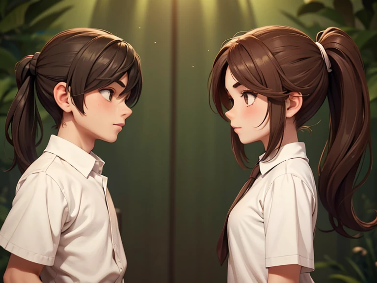 Two characters in a scene boy and girl (absolutely identical twins brother and sister), The first character is a handsome effeminate boy with beautiful girlish features, with semi-long brown hair tied in a ponytail, white linen women's t-shirt, Brown eyes, and the second character is a girl with aesthetic small breasts with beautiful erect nipples, with very tousled shaggy semi-long brown hair, hair between the eyes, Brown eyes, beautiful face, an athlete with well-developed proportional muscles, dressed in a white silk almost transparent sports shirt on a completely naked body(absolutely no underwear), talk to each other, different emotions, free pose, free interaction with each other, White background, стиль мультфильма Disney Pixar