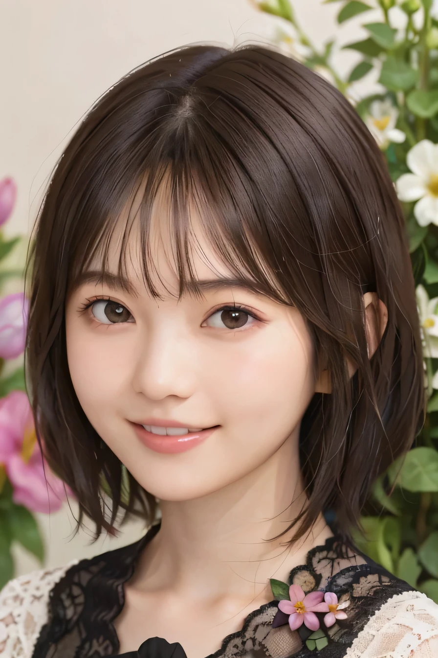 205 ((short hair)), 20 year old female, surrealism, Floral smile、Beautiful teeth alignment、Brown Hair