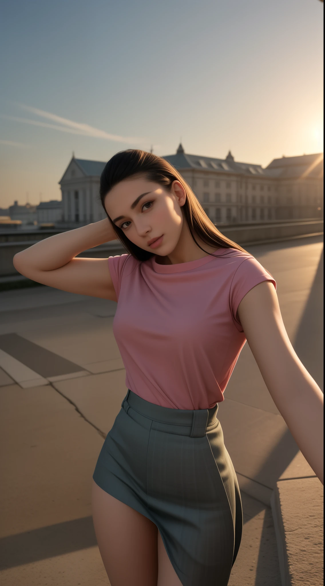 21-year-old, Russian race, European race, (Masterpiece, best quality, photorealistic, high res, photography: 1.3), close-up shot, sharp focus, black hair, hair bun, short hair, hot model, slim, Height 160cm, cute blush, huge breasts, smooth, mild smile, realistic skin, sexy hot face, erotic, sexual gaze, slim, extremely detailed hair, shiny lips, outdoor, ((vivid light, dynamic lighting, realistic, super realistic, shirts, baggy, skirt