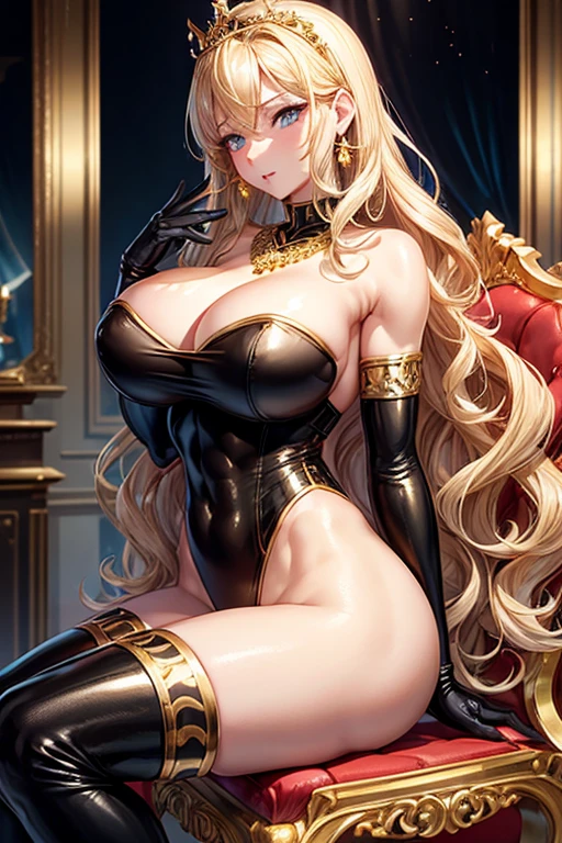 2 Queen,  best quality , full body , beautiful eyes ,girl muscular  ,Abs:weight :1.7) ,  in heat , makeup ,gold tiara ,gold necklace , earrings huge ass, ,blonde long wavy hair,sexy  ,leotard, A girl,(big breasts:1.5) , black gloves, black stockings,boots , Sitting on a  chair,